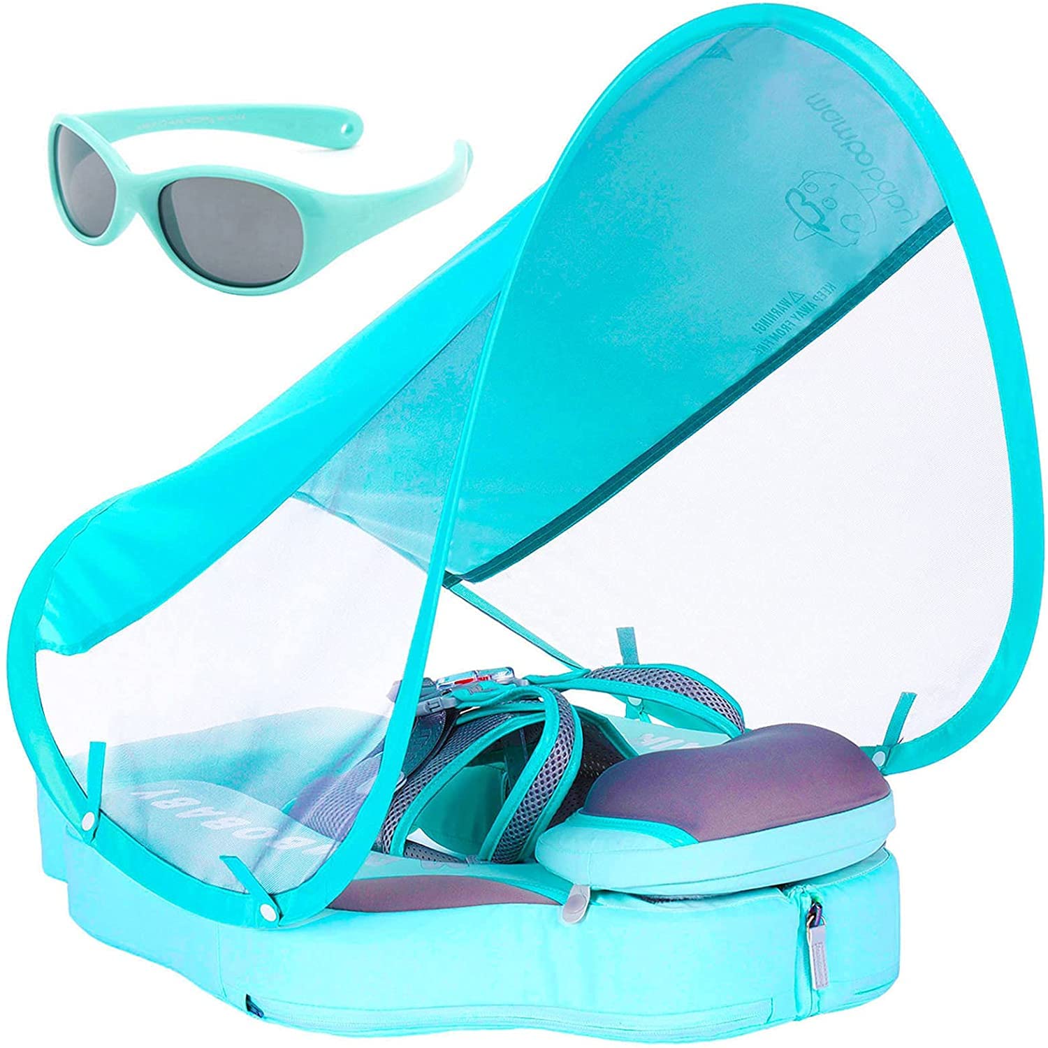 Mambobaby Unique Fold-able Baby Non-Inflatable Swim Float Add Tail Never Flip Over Solid Smart Swim Trainer with Canopy Infant Pool Float Water Proof Skin-Friendly TPU Leather Swim Ring