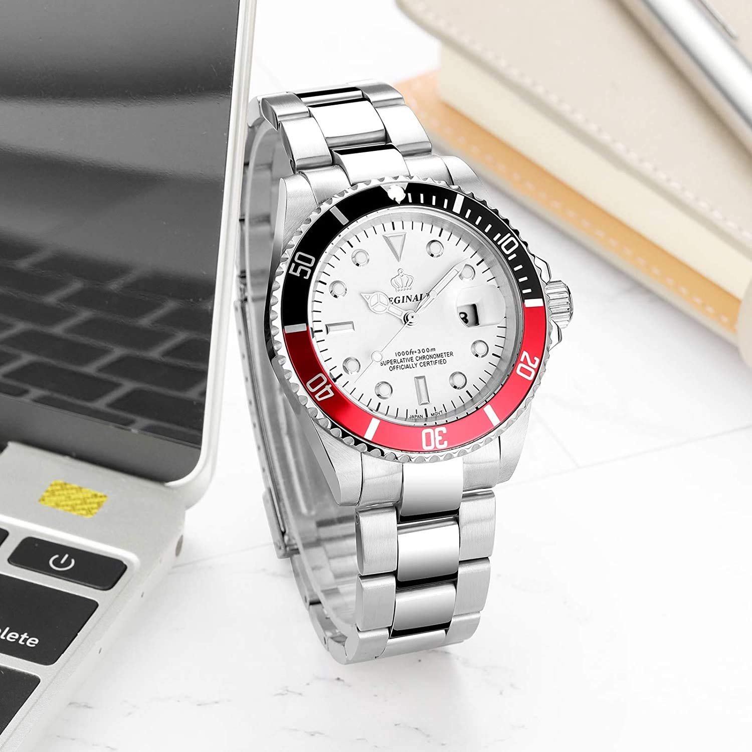 MASTOP Reloj de lujo para hombre, bisel giratorio, a prueba de golpes, zafiro, clásico, fecha, cuarzo, resistente al agua, reloj de vestir de dos tonos