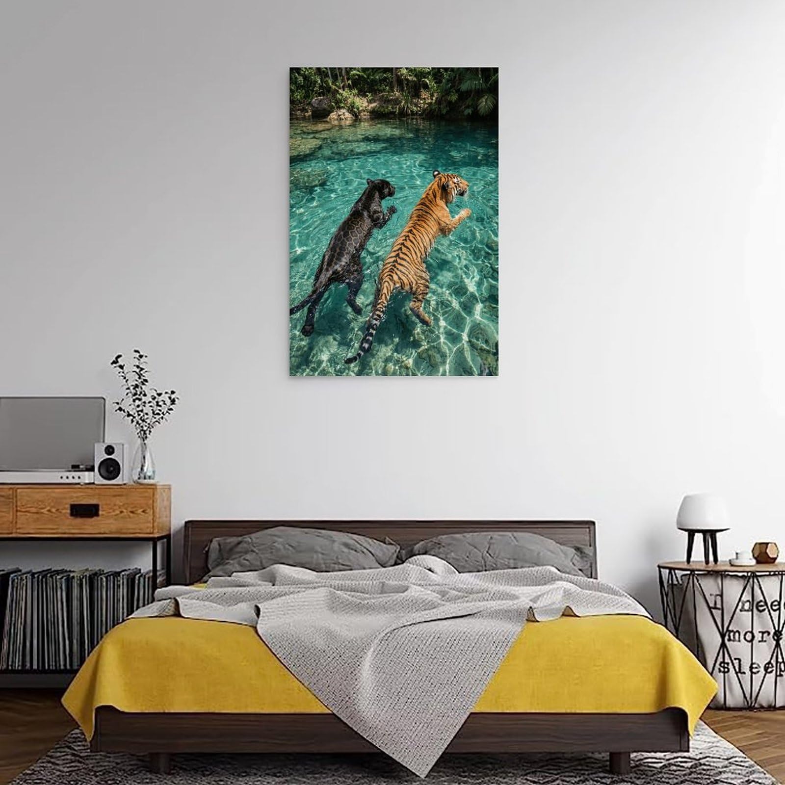 Póster de tigre y blanco nadando en el río de la selva, impresión en lienzo de gatos salvajes, arte de pared tropical para amantes de la naturaleza, 60 x 90 cm