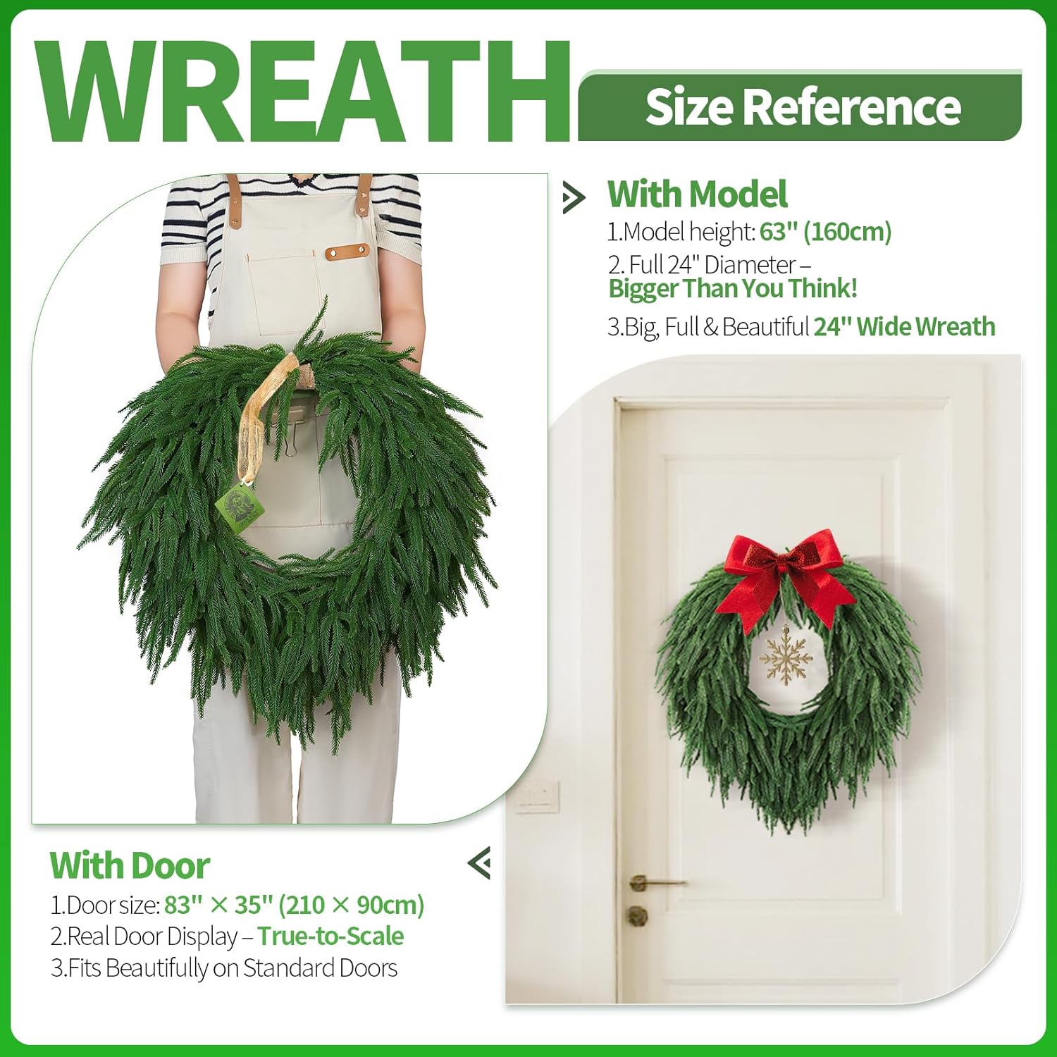24" Norfolk Pine Christmas Wreath for Front Door – Large Artificial Greenery Wreath for Wall, Porch, or Indoor Outdoor Holiday Decor – Real Touch Pine Foliage (1, 24") - Image 4