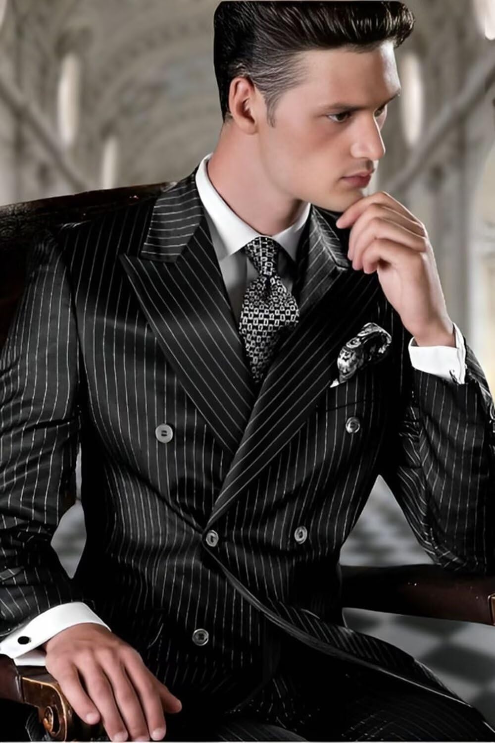 Mens Pinstripe Suits 2 Piece Double Breasted Mens Slim Fit Pinstripe Suit 2 Piece for Wedding Prom