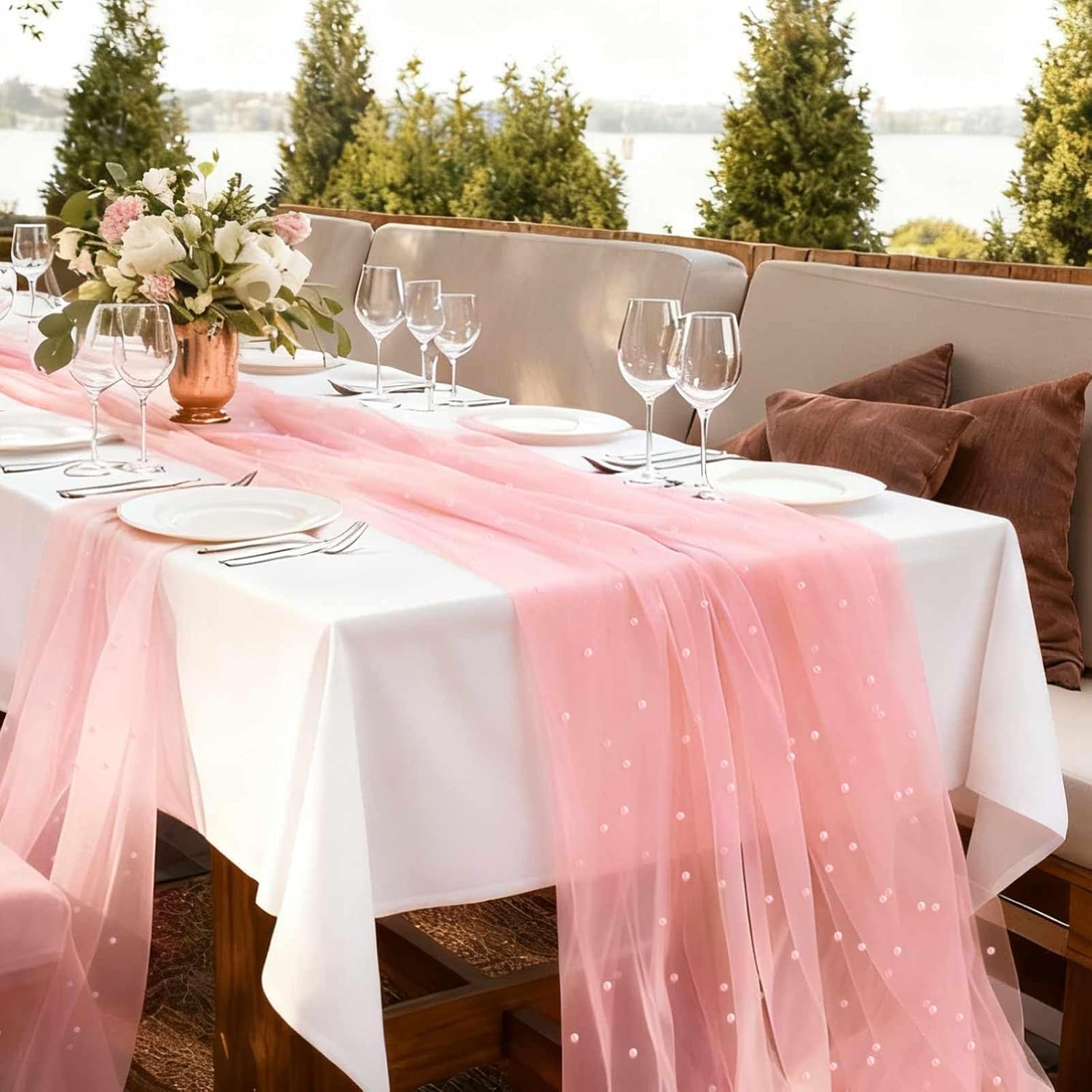 WELTRXE Pearl Table Runner Tulle 30x120 Inch 10FT Long, Pink Gauze Table Runners, Rustic Boho for Wedding Arch Birthday Party Bridal Veil Baby Shower Decorations