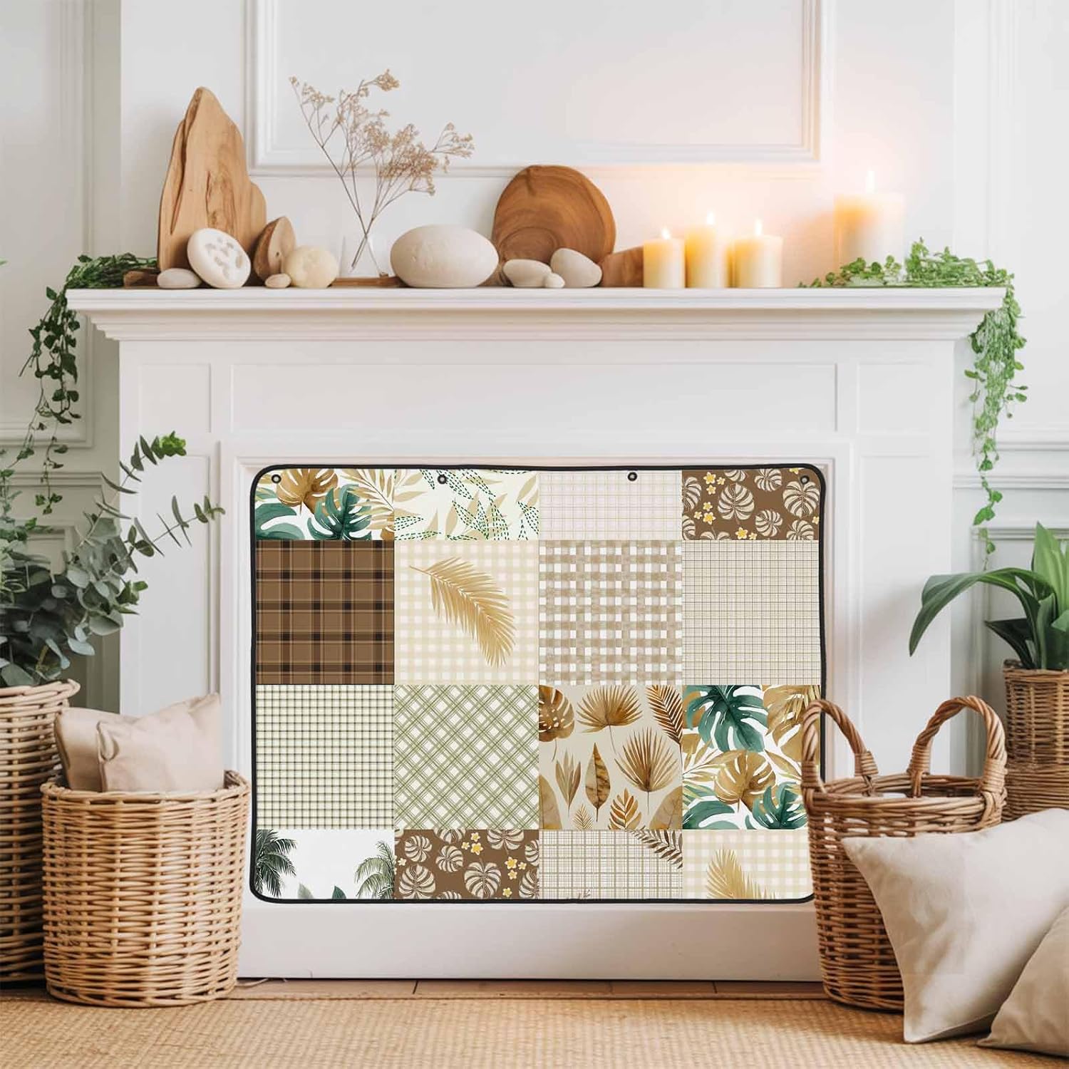 Magnetic Fireplace Cover Brown Botanical Patchwork Fireplace Screen Tropical Palm Leaves Plaid Insulation Fireplace Blocker Save Energy Fireplace Draft Stopper Covers for Living Room 36x30 Inch