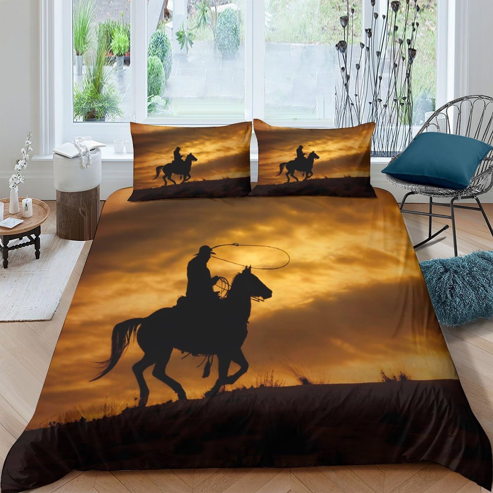 Ctjqhvkz Style-9 3D Printed Sunset Horse Fitted Sheet Microfiber Soft Silhouette Rider Bed Cover For Bedroom Dorm Mattress Protection Single（135X200cm）