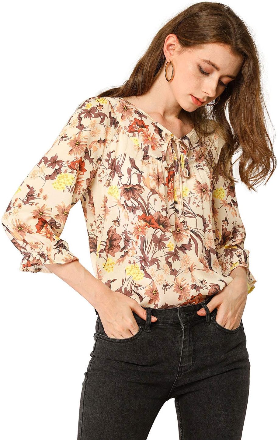 Allegra K Women's Bow Tops Vintage Tie Neck 3/4 Sleeve Floral Blouse - Image 4