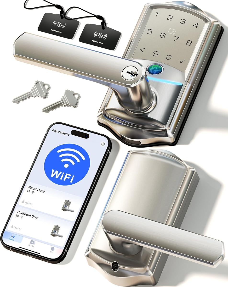 VE029 Wi-Fi Smart Lever Lock with Digital Keypad, Satin Nickel | Built-in Wi-Fi, Remote Access, Fingerprint, Real-time Alert, Support Alexa, Auto Lock, IP65 Waterproof, for Airbnb & Rental