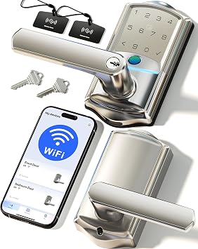 قفل ذكي Veise VE029 WiFi، قفل باب دخول بدون مفتاح ببصمة الإصبع مع مقبض، WiFi مدمج، التحكم عن بعد في التطبيق، مقبض رقمي إلكتروني للباب الأمامي وغرفة النوم، مقاوم للماء IP65، نيكل ساتان