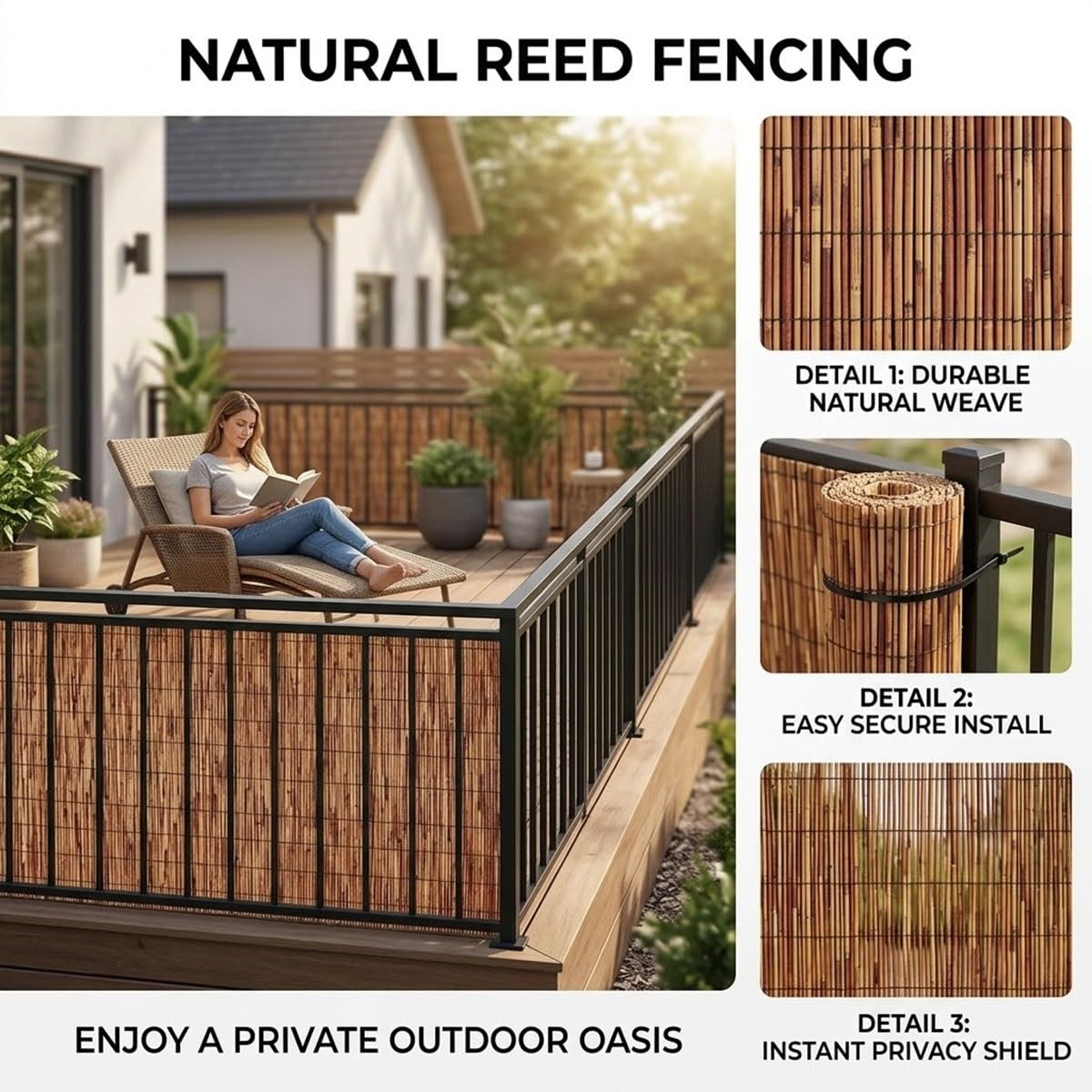 Générique Canisse Roseau Naturel, Brise Vue en Roseau Opaque pour Clôture Jardin et Palissade Terrasse, Pare-Soleil Coupe-Vent Exterieur, Rouleau Protection Intimité Balcon(91x457cm(3x15ft))