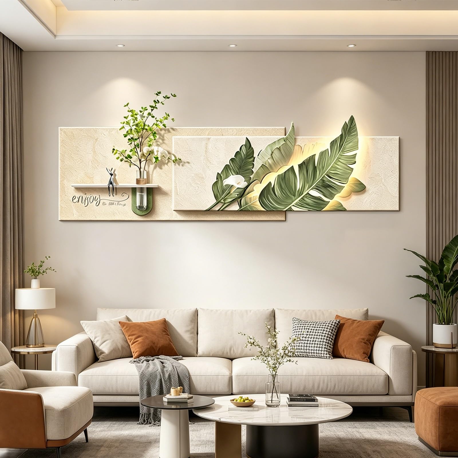 PGZMDTWI 3D Sandstone Handcrafted LED Vase Relief Mural,Log Cream Style Sofa Background Household Wall Ornament(D,180 * 60CM8.9 * 23.7IN)