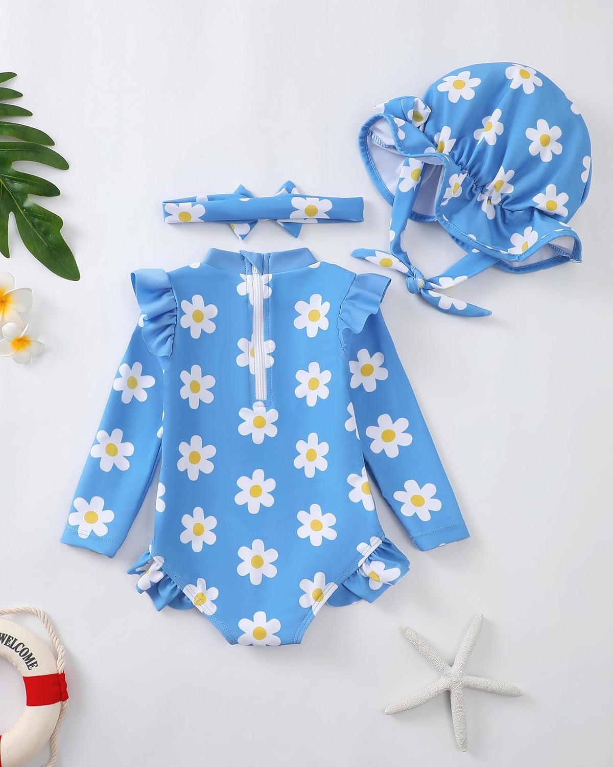 Renotemy Baby Girls Swimsuit Infant Bathing Suit with Hat Zipper Long Sleeve One-Piece Rash Guard Swimwear for Girl 3Month-3T - Image 3