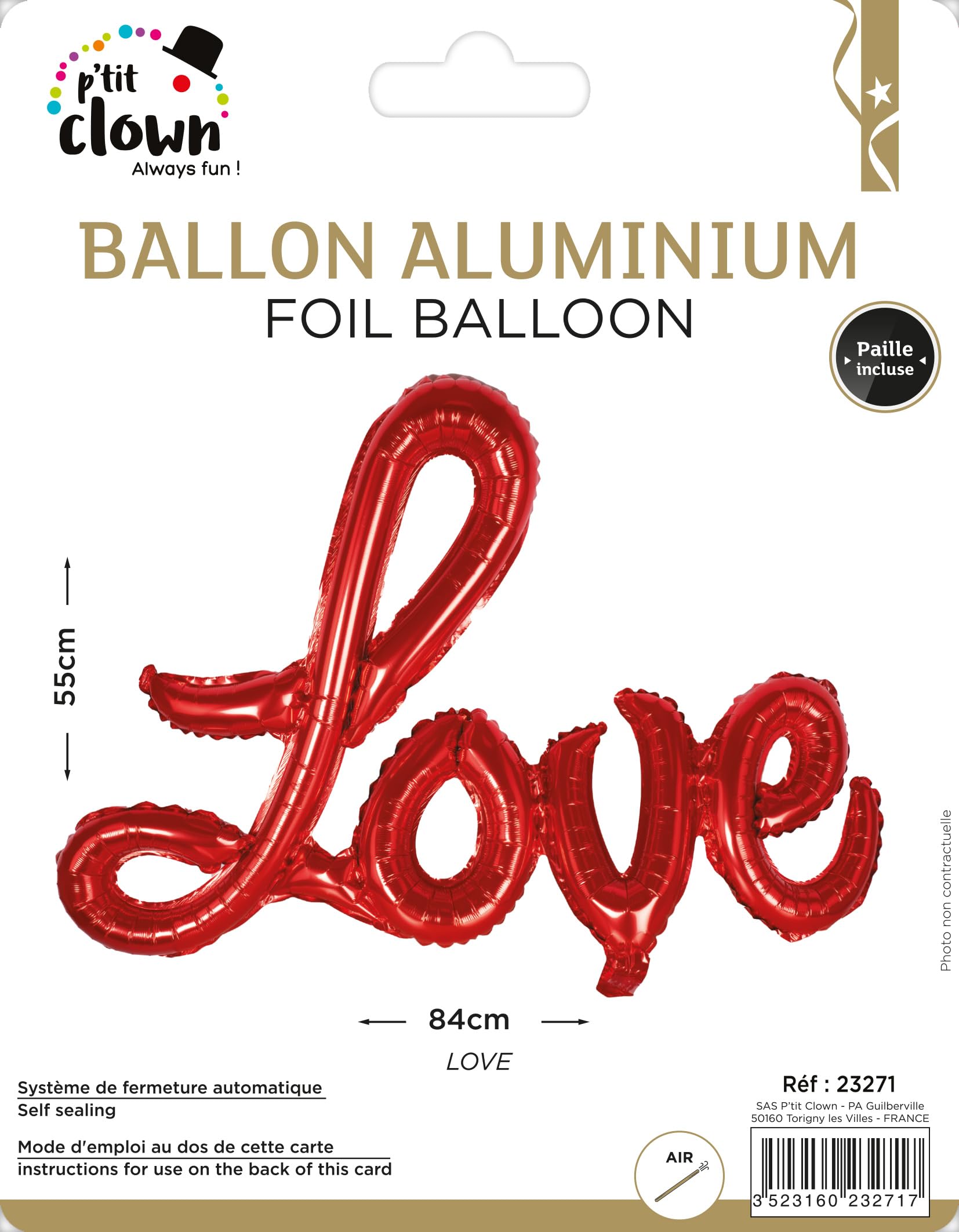 P'TIT CLOWN - 23271 - Aluminiowy balon "Love" - Idealny do dekoracji walentynkowych - Plastik - Czerwony