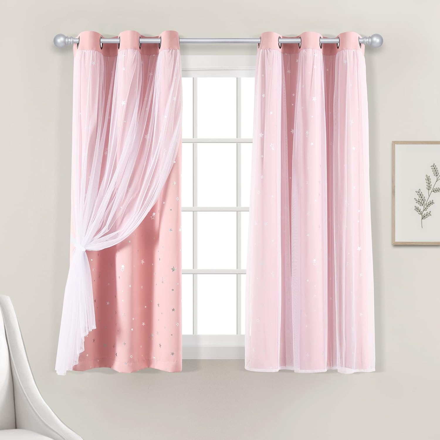 Lush Decor Star Sheer Insulated Grommet Room Darkening Window Curtain Panels Pair 38" W x 63" L Pink - Kids Curtains for Bedroom - Pink Nursery Decor