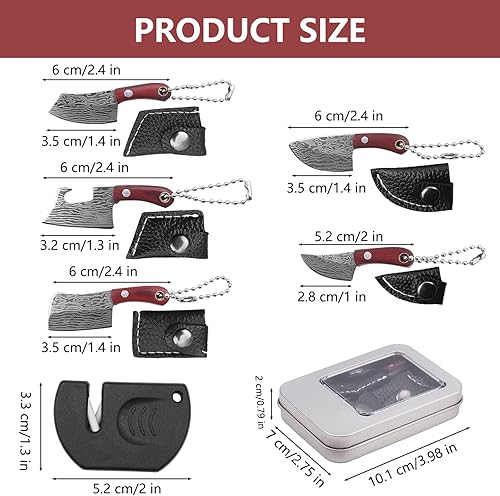 Miniatura 2 de Juego de 5 mini cuchillos de chef de Damasco, juego de cuchillos EDC para abridor de paquetes, cortador de cajas, mini cuchillos con funda y afilador