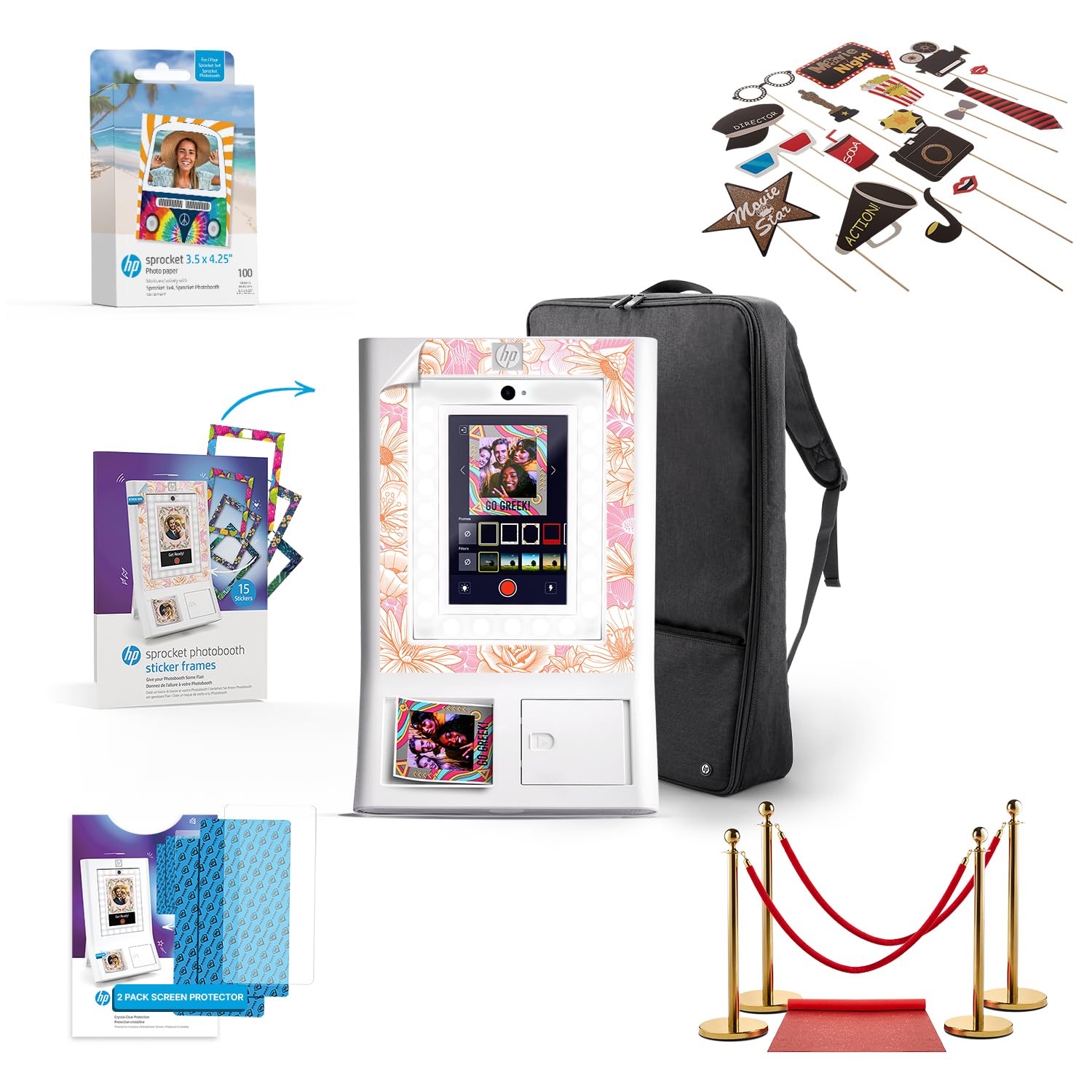 HP Sprocket Photo Booth Machine Instant Color Photo Printer (White) + Zink Paper (100 Sheets) + Red Carpet Bundle + Padded Case + Decorative Sticker Frames (x15) + Premium Screen Protector (x2)