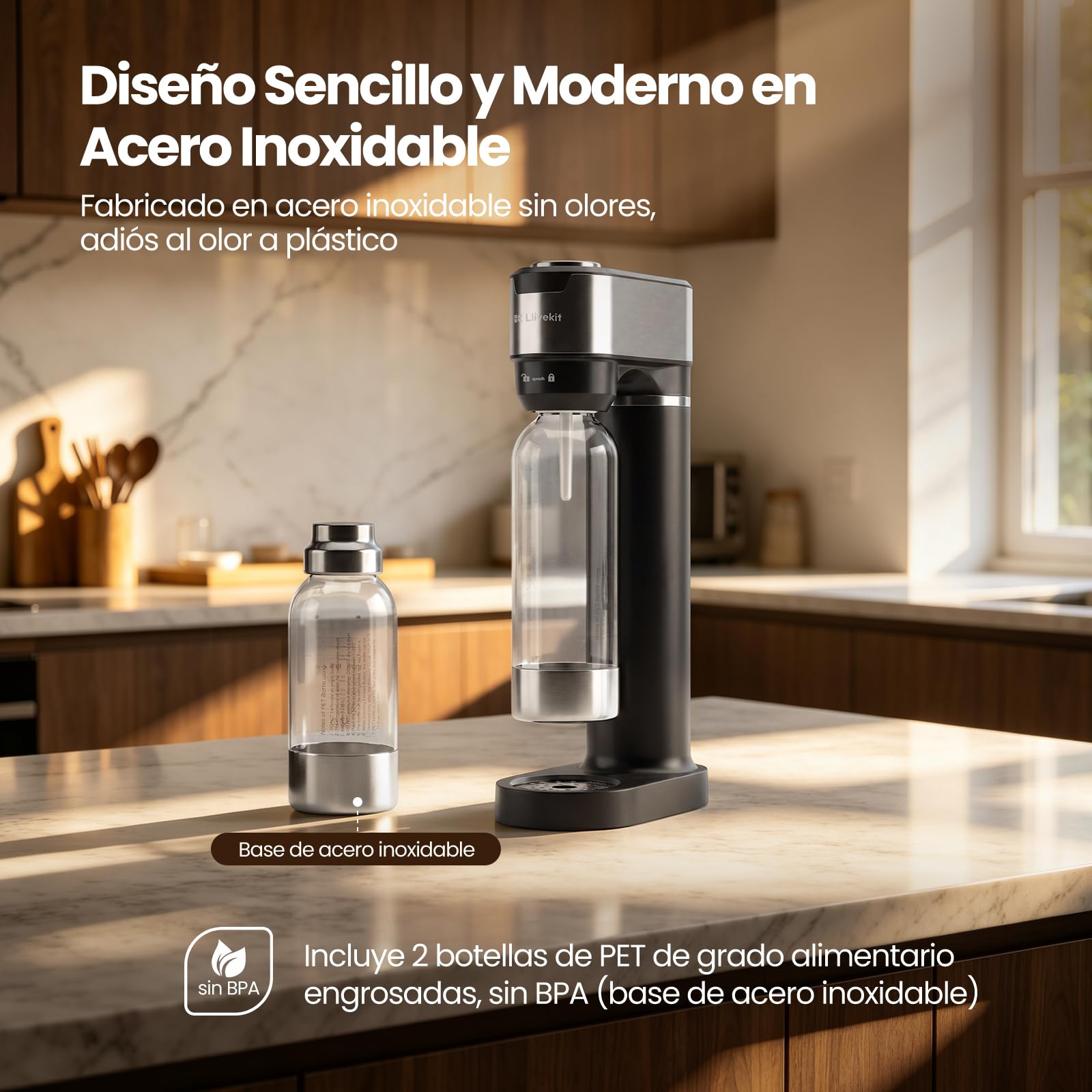 LLIVEKIT Gasificador de Agua, Máquina Agua con Gas de 4 Niveles de Burbujas, Máquina para hacer Soda Compatible con Cilindro CO2, Incluye Botella PET de 0,5 y 1 L, Válvura de Seguridad, Negro