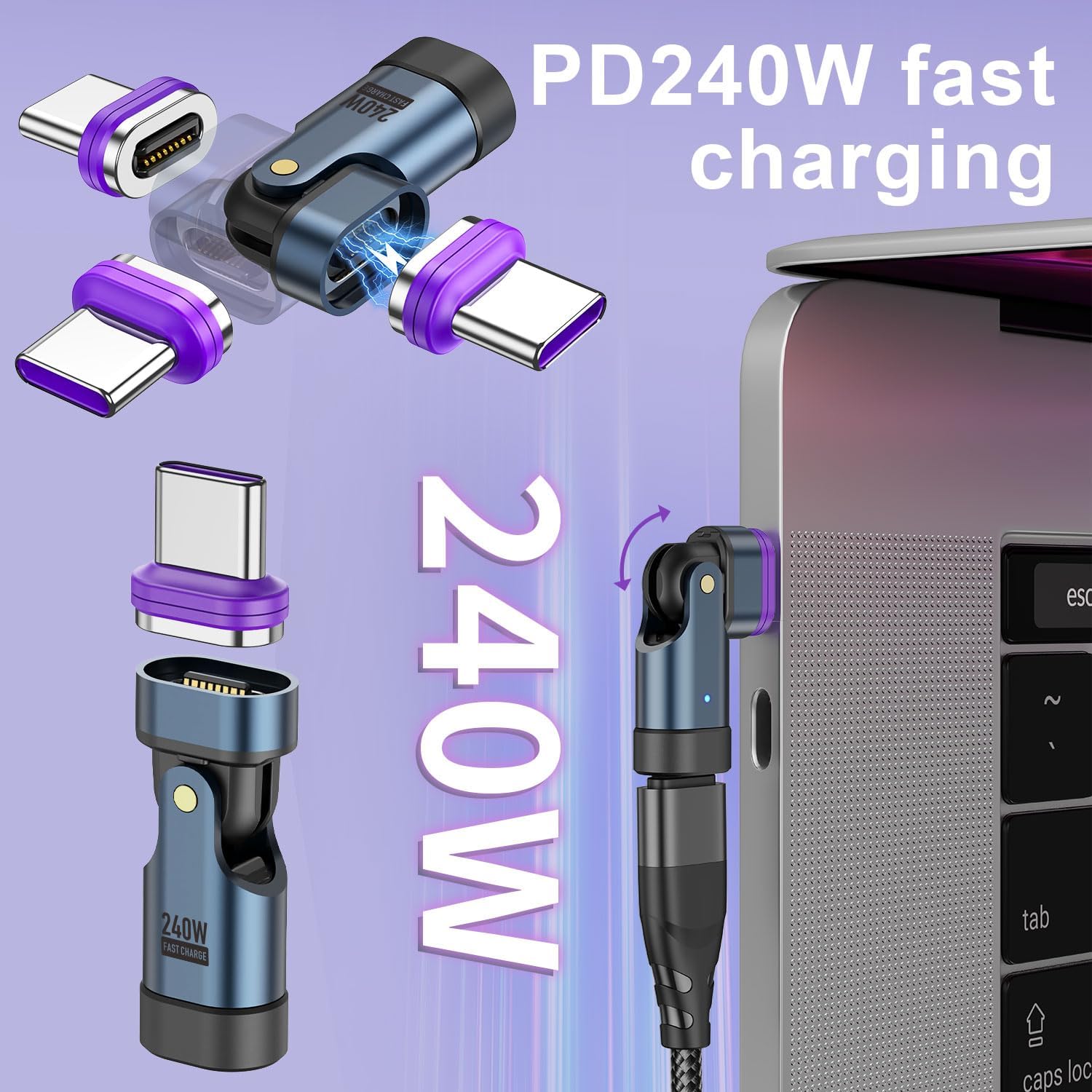 USB C Magnetic Adapter 240W(2Pack), 16PIN USB C 90 Degree Adapter/C Right Angle Adapters/360°Rotating C to C Adapters for 1Phone 17/16/15, 1Pad Series, Tablet, Laptop