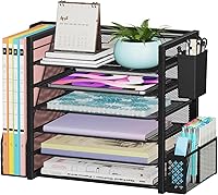 Simple Trending 6-Tier Metal Desk File Organizer with Vertical File Holder & Removable Pen Containers - Black, Space-Saving Storage