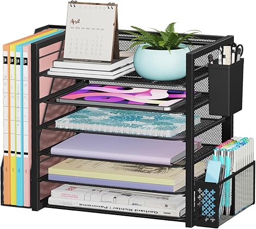 Simple Trending  Organizador de archivos de escritorio de 6 niveles, bandejas para papel tamaño carta con portalápices y canasta colgante de metal,