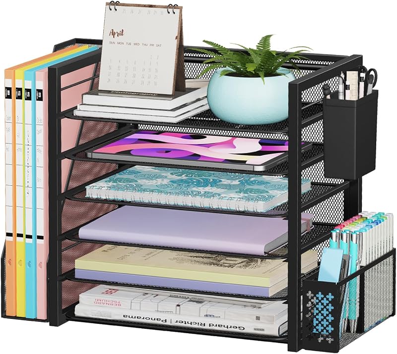 6 Tier Metal Desk File Organizer with 2 Pen Holders, Black | 18"L x 9"W x 13"H, 6 Trays + Side file holder + 2 pen holders, sturdy metal frame, non-slip base, easy assembly, 24h support.