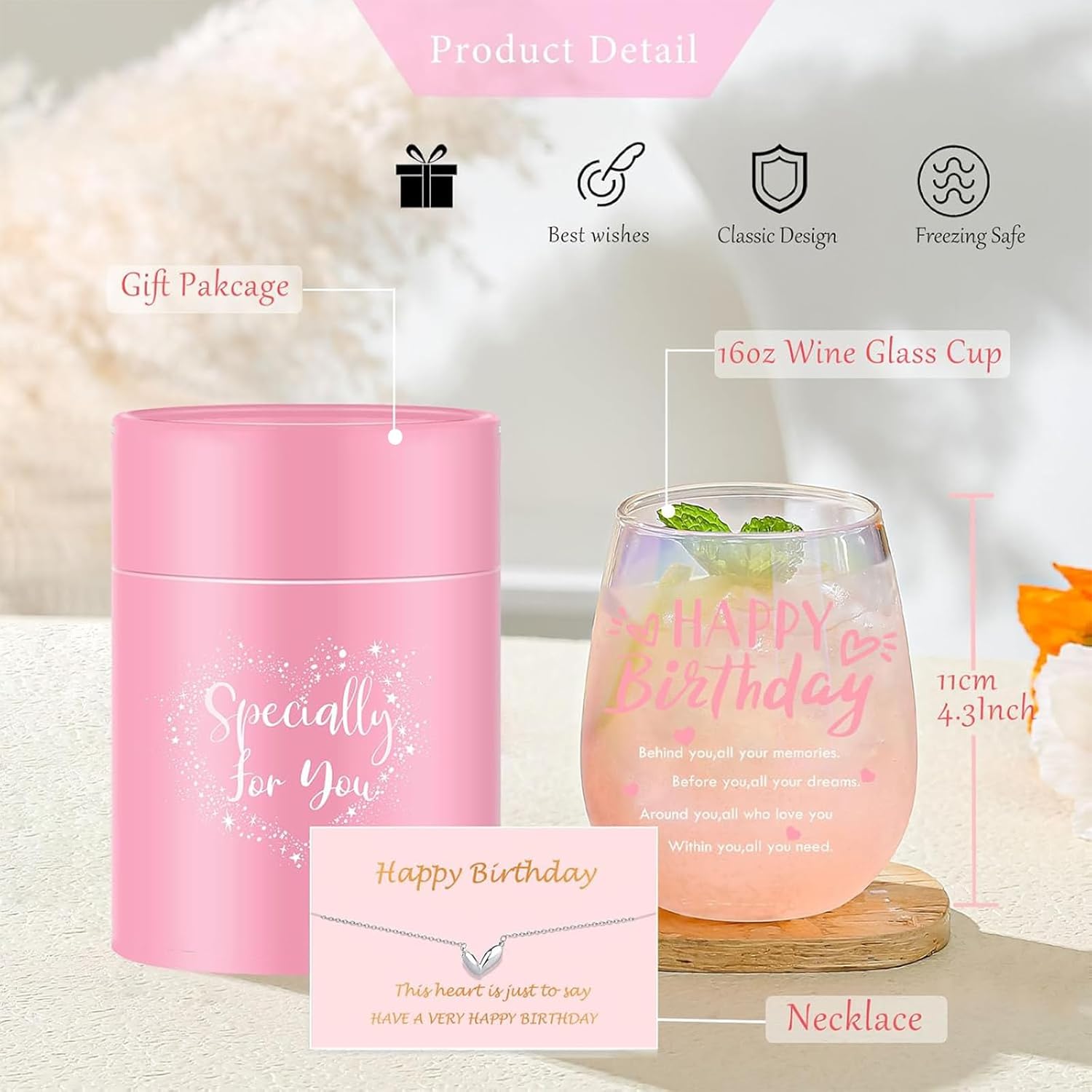 Gifts for Women Birthday Wine Glasses Happy Birthday Gifts Drinking Cups Unique Birthdays Gift ideas for Her Best Friends Mom Sister Girlfriend Wife Pink Birthdays Decorations - Image 6