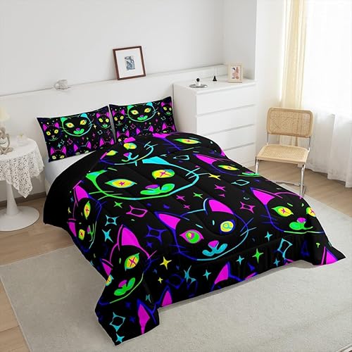 Miniatura 5 de Erosebridal Juego de ropa de cama individual para niñas, ropa de cama de gatos de dibujos animados degradados para amantes de las mascotas, juegos