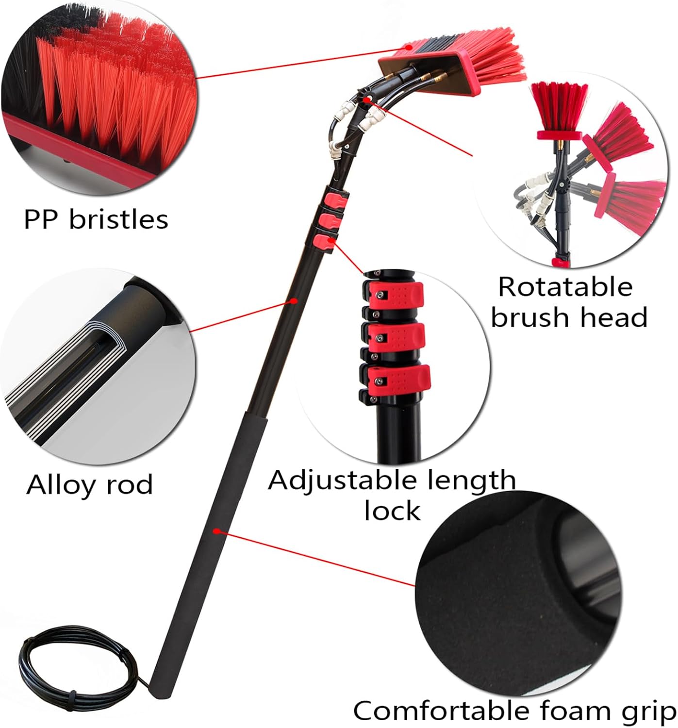 Water Fed Window Telescopic Pole Cleaning Brush with 4 Water Outlets, Extension Pole Washing Brush Cleaning Tool for Photovoltaic Panel Window Glass, Window Cleaning Brush with Hose 4.6m