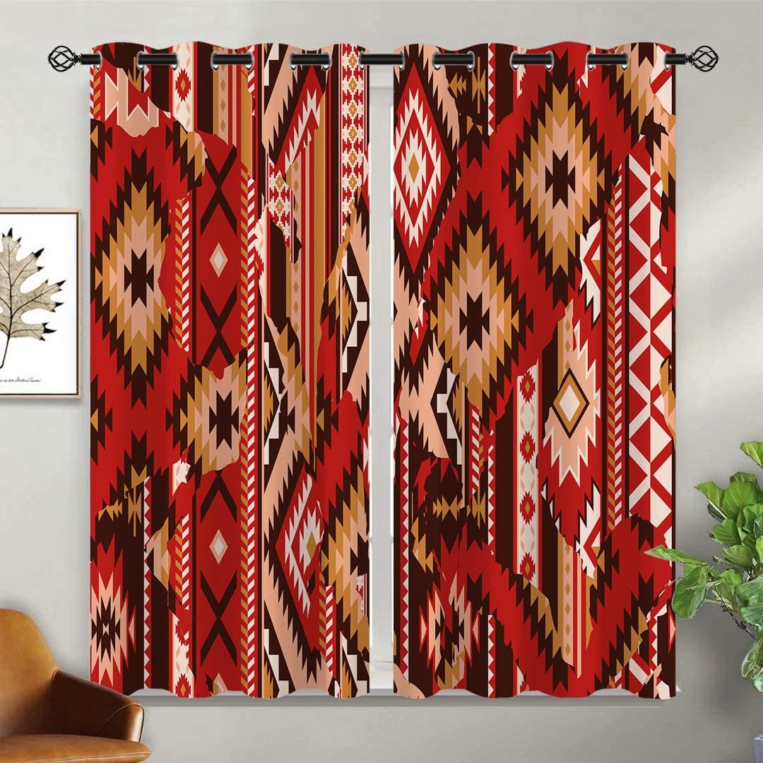 Aztec Blackout Curtains for Girls Boy Home Decor, Rustic Navajo Ethnic Boho Geometric Tribal Native Grommet Thermal Insulated Drapes Darkening Window Curtain for Bedroom Living Room, 42 x 45 Inch