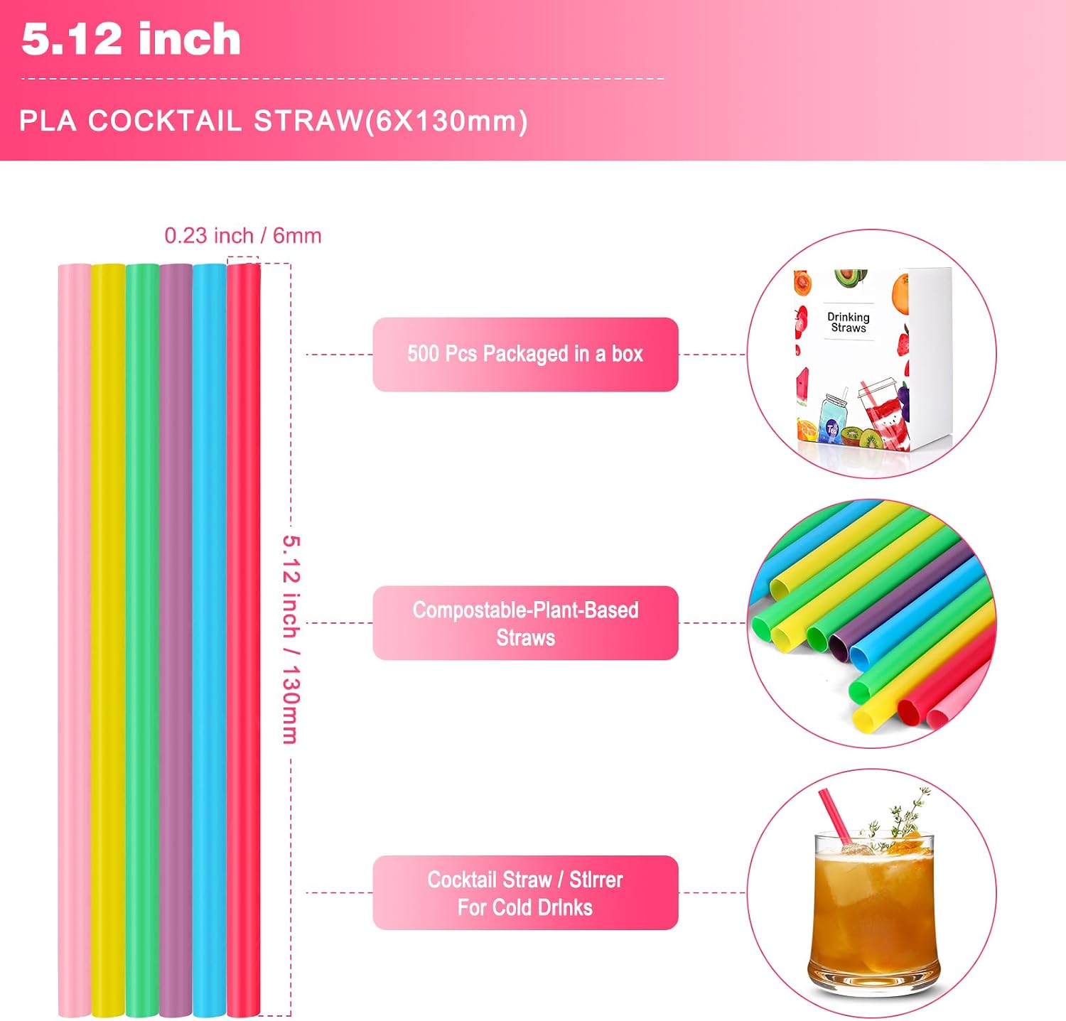[500 Pcs] Colorful Disposable Cocktail Short Straws - 5.12'' Long 0.24'' Diameter Plant-Based Drinking Straws for Whiskey Bar Club Coffee Soda Party Cold Drinks
