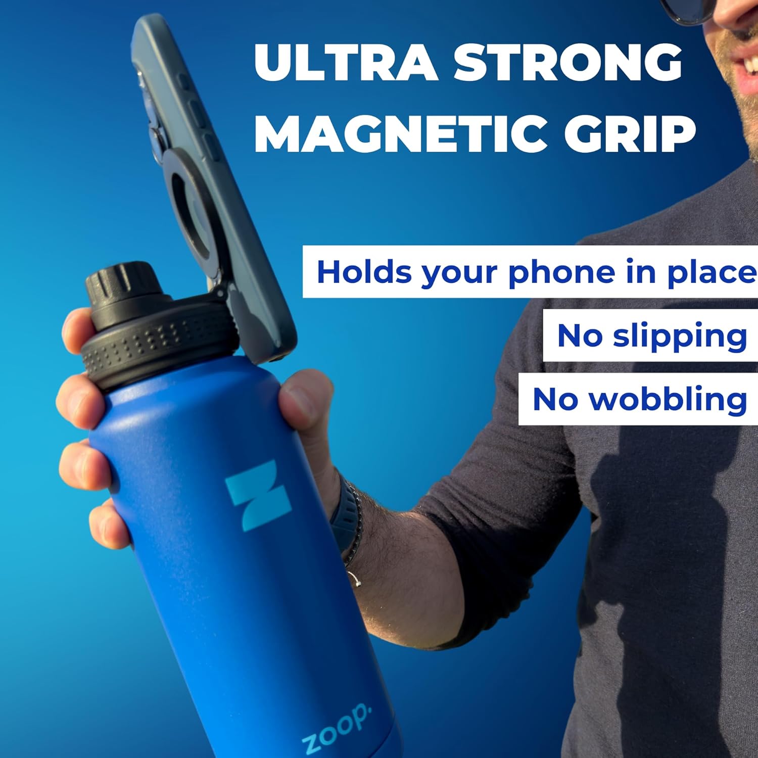 ZoopMag – 32oz Magnetic Water Bottle & Phone Mount | Insulated Stainless Steel Bottle | Hands-Free Workout & Travel Companion | Adjustable Magnetic Phone Holder for Fitness & Work Calls (Blue)