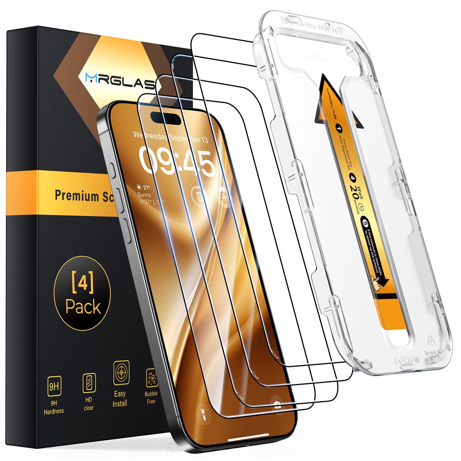 MRGLAS Armadura superior 9H mejorada: paquete de 4 protectores de pantalla para iPhone 16 Pro [n.° 1 de grado militar inastillable] [kit de alineación automática] vidrio templado para 16 Pro de 6.3