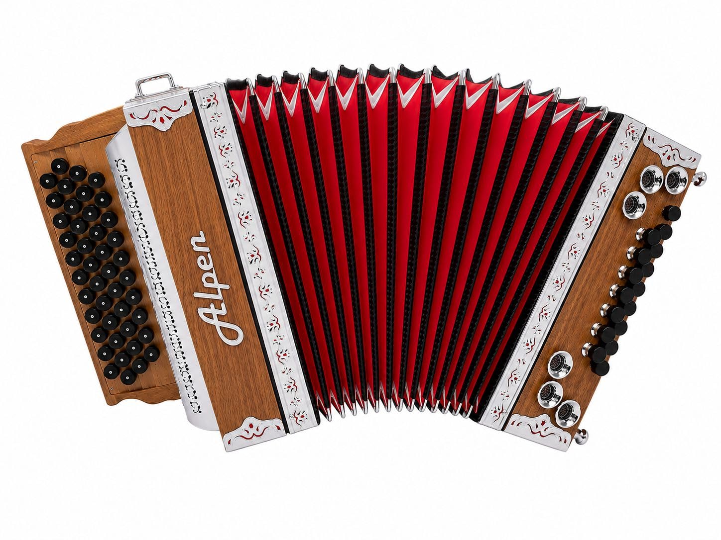 Steirische Harmonika Alpen Compact Nuss G/C/F/B – 4-reihig, 2-chörig, X-Bass, Mollbässe, Halbtöne, 44 Diskant, 16 Bass, Kinderharmonika, Reiseharmonika, inkl. Luxuskoffer & Rucksack
