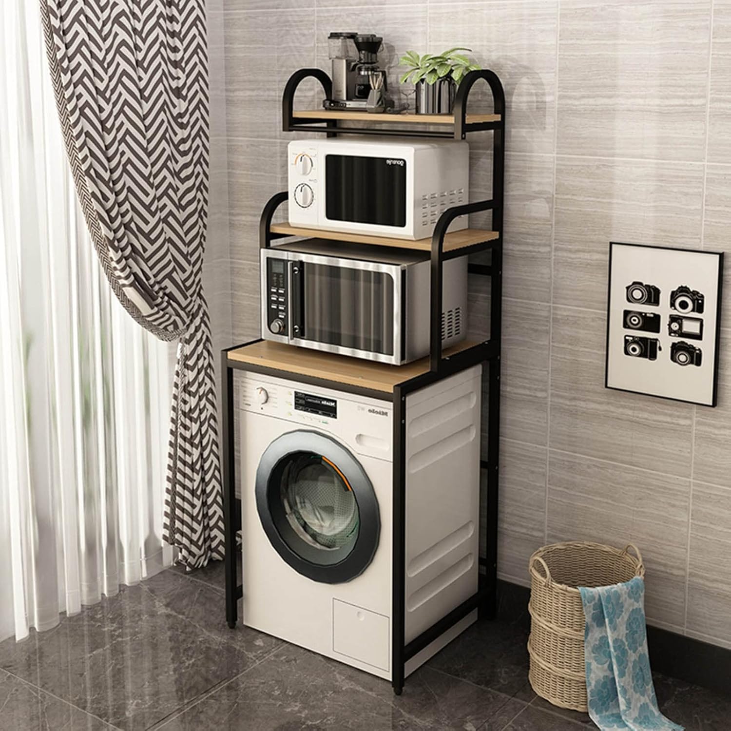 Bathroom Storage Shelves,Washer Storage Frames Floor Standing for over Toilet,Drum Washinghine Storage Rack Toilet Shelf with Hanging Rod,High Temperature Steel Washinghine Rack Bathroom/Black/