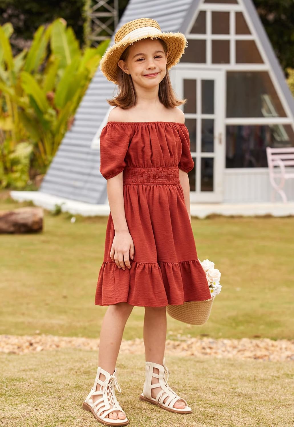 Arshiner Girls Tie Back Short Sleeve Ruffle Hem Off Shoulder Casual Elegant Dresses