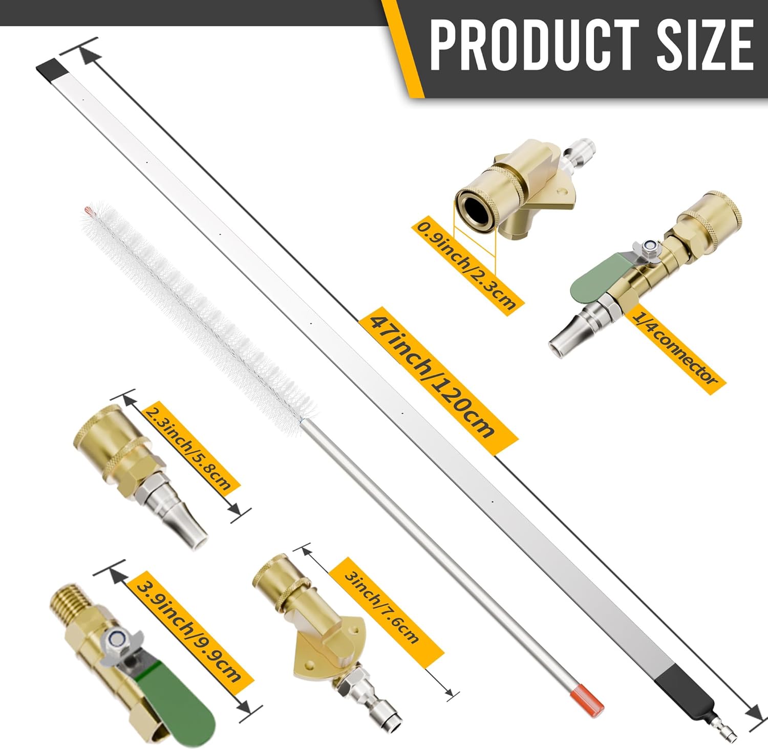 47" Radiator Cleaning Wand, High Pressure Washer Tool with 6-Hole Nozzle & Cleaning Brush, Extra Long Stainless Steel Cleaner for Car Truck RV HVAC Condenser (120cm)