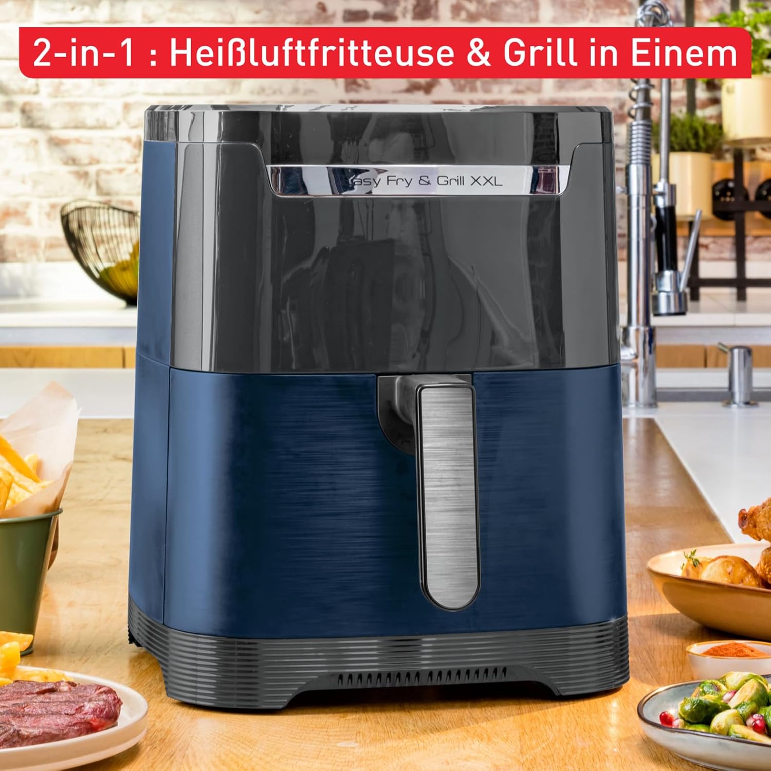 Tefal Easy Fry & Grill EY8014 v kuhinjskem okolju, s poudarkom na njegovi dvojni funkcionalnosti