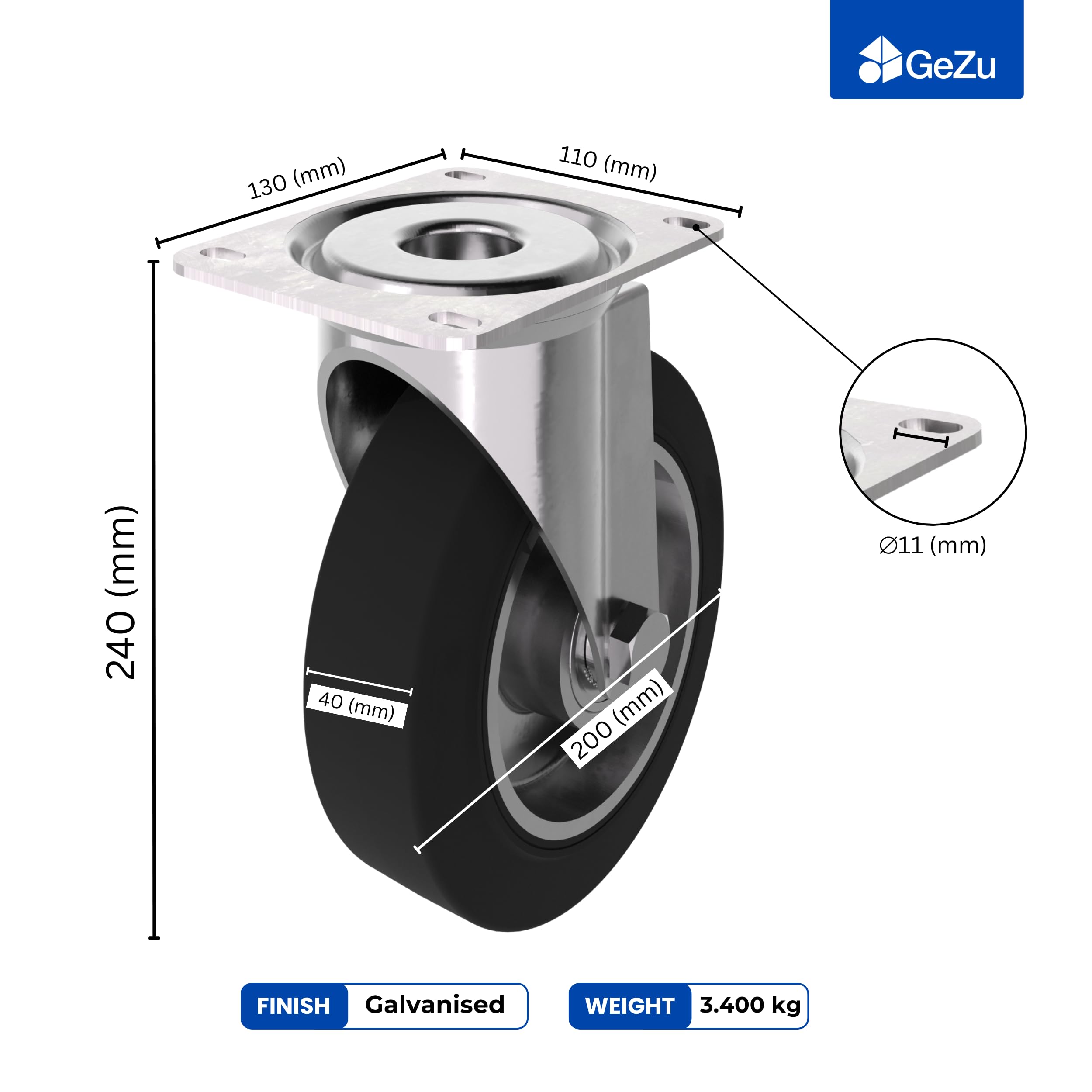 GeZu Impex Ruedas Giratorias 200x40mm Juego of 8 | Galvanizadas Ruedas Giratorias Alta Resistencia Poliuretano Goma Sólida para Bancos de Trabajo Muebles Carros Equipos