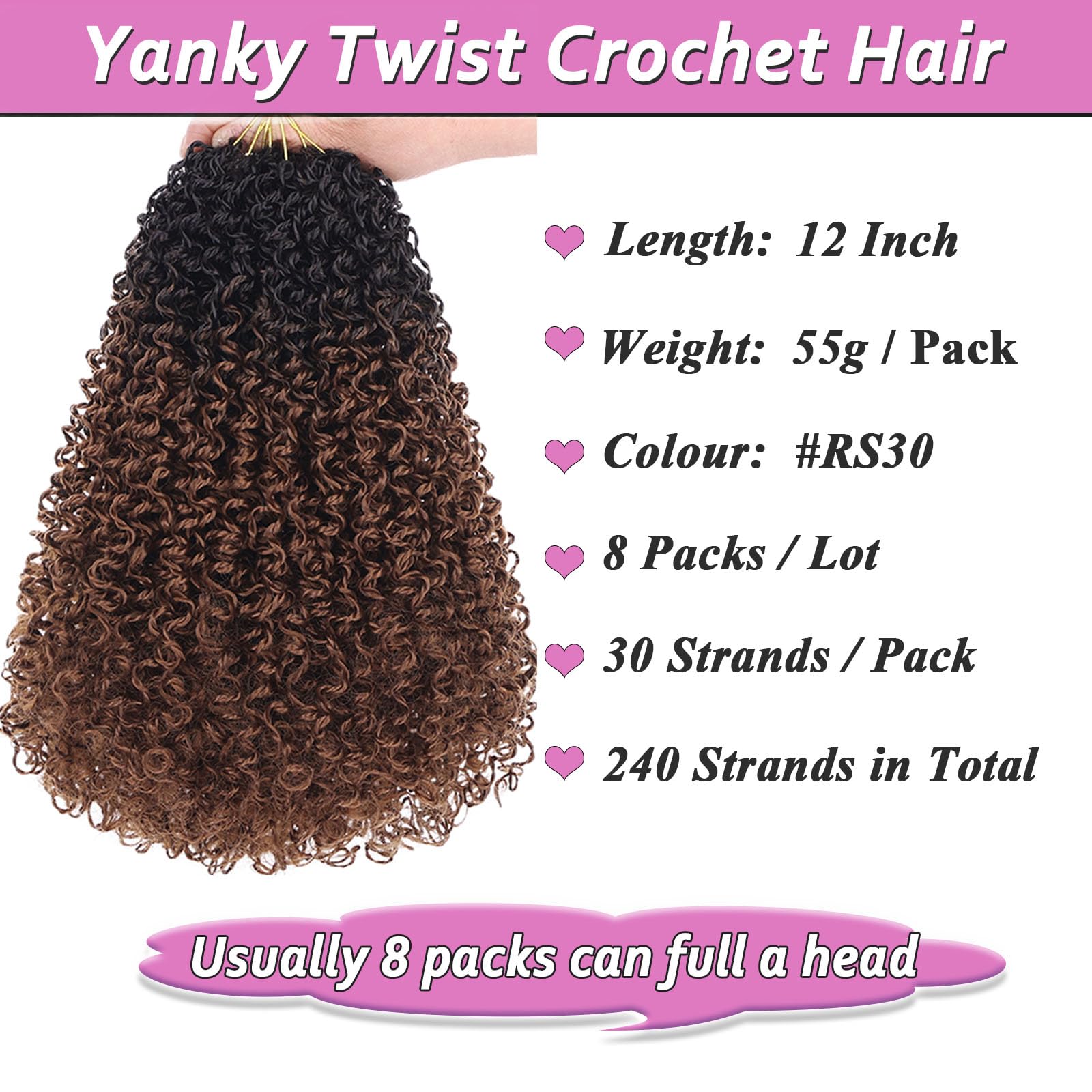 Samtress Yanky Twist Crochet Hair 8 Packs Ombre Brown Spring Twist Hair Extensions 12 Inch Short Pre-twisted Mini Curly Twist Crochet Synthetic Braids Passion Twists Crochet Hair for Women (#1B/30) - Image 2