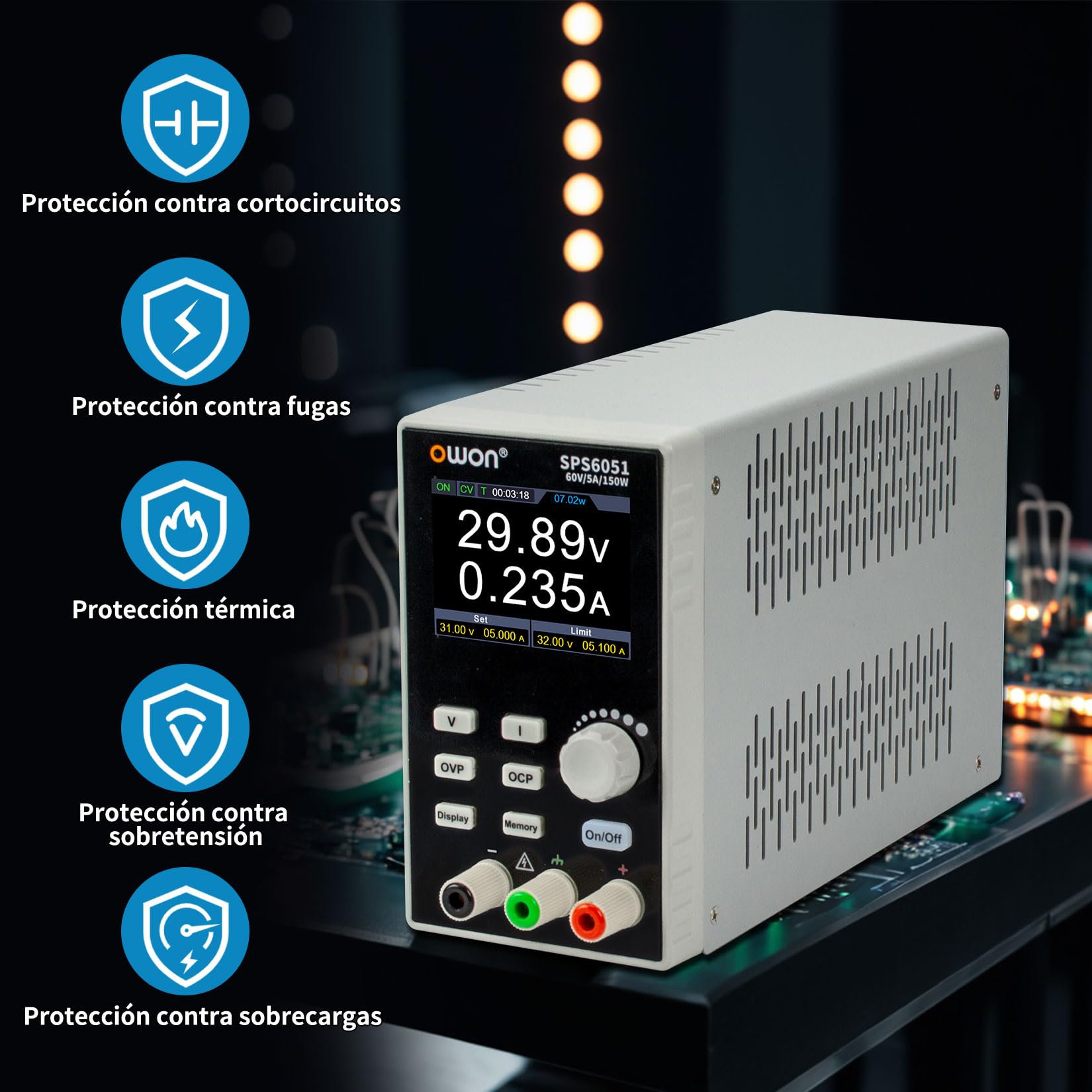 OWON SPS6051 DC-Netzgerät 0-60V 0-5A Einstellbares Schaltnetzteil mit 150W Ausgangsleistung, unterstützt Computerprogramiererung und überwachfunktion für Spannungs-/Stromkurven.