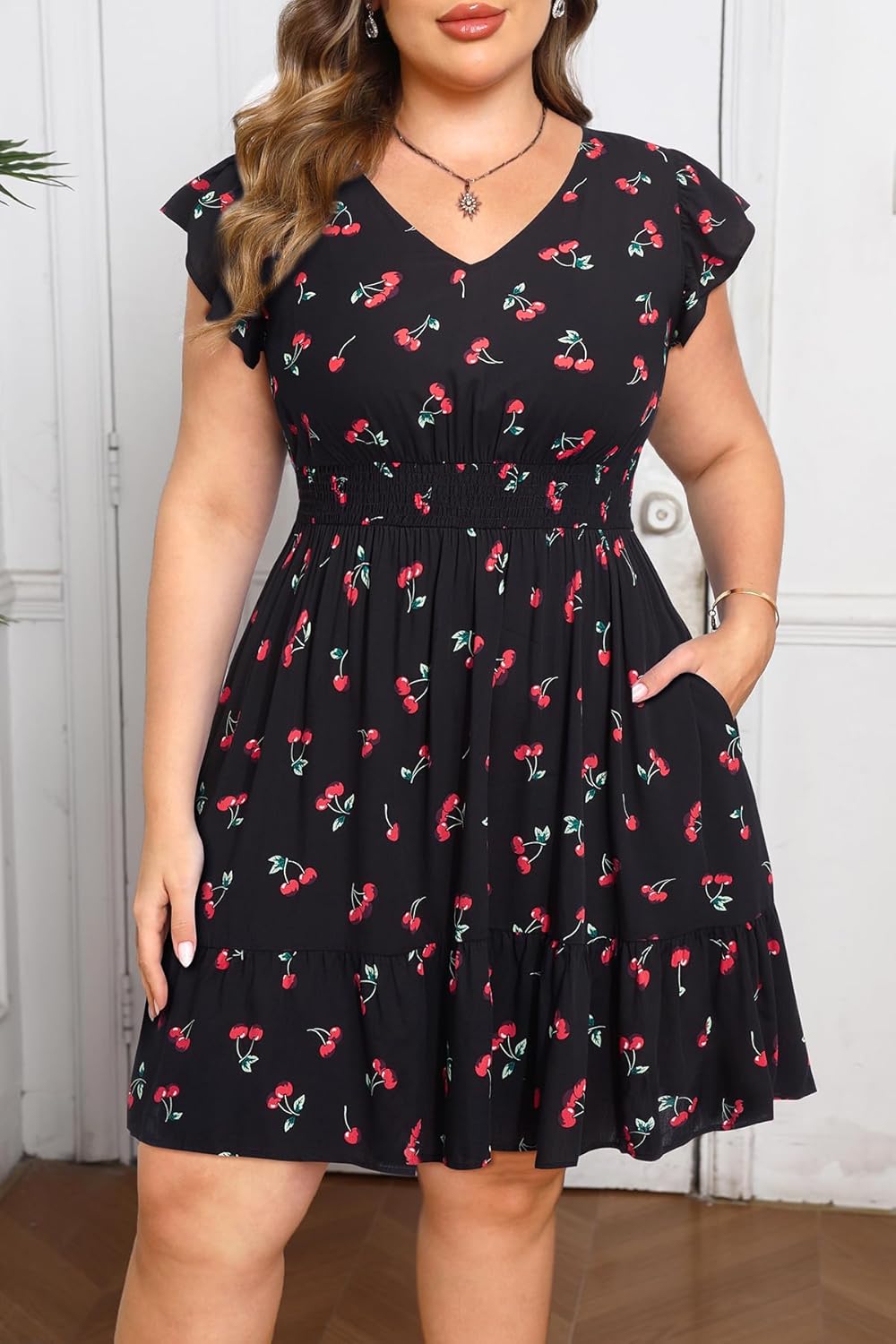 Womens Plus Size Summer Dress - Casual Beach Floral Print V Neck Ruffle Sleeve Flowy Short Sundress with Pockets - Image 2