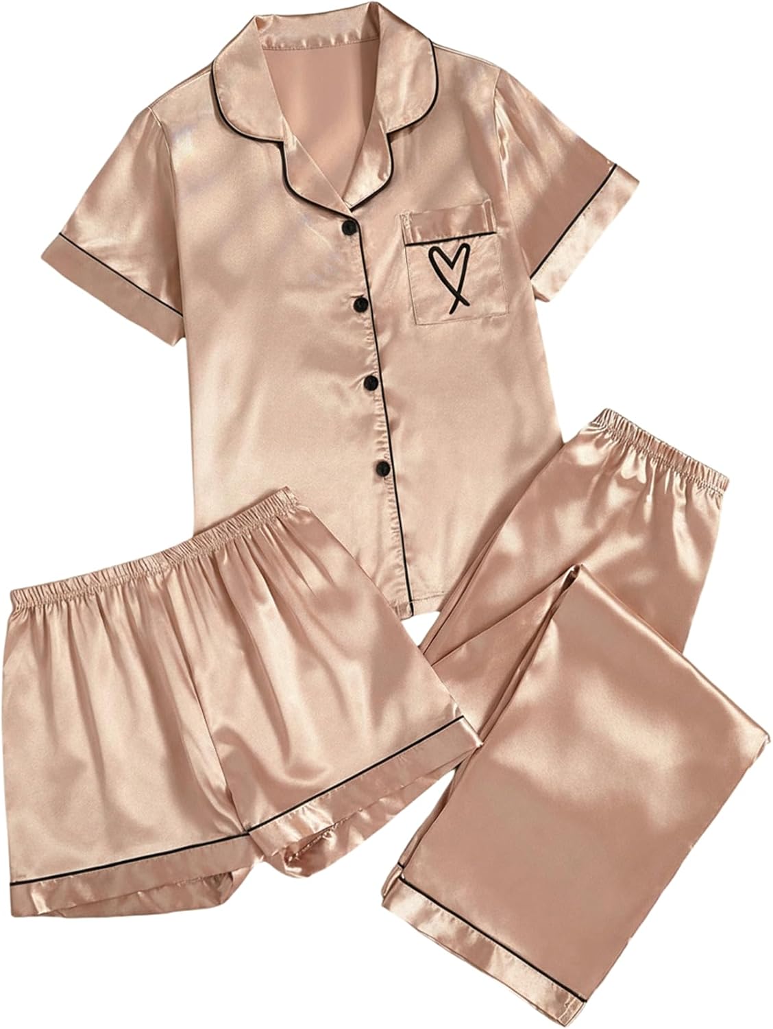 Women's 3 Piece Satin Pajama Set Summer Button Down Short Sleeve Shirt and Shorts with Pants Sleepwear