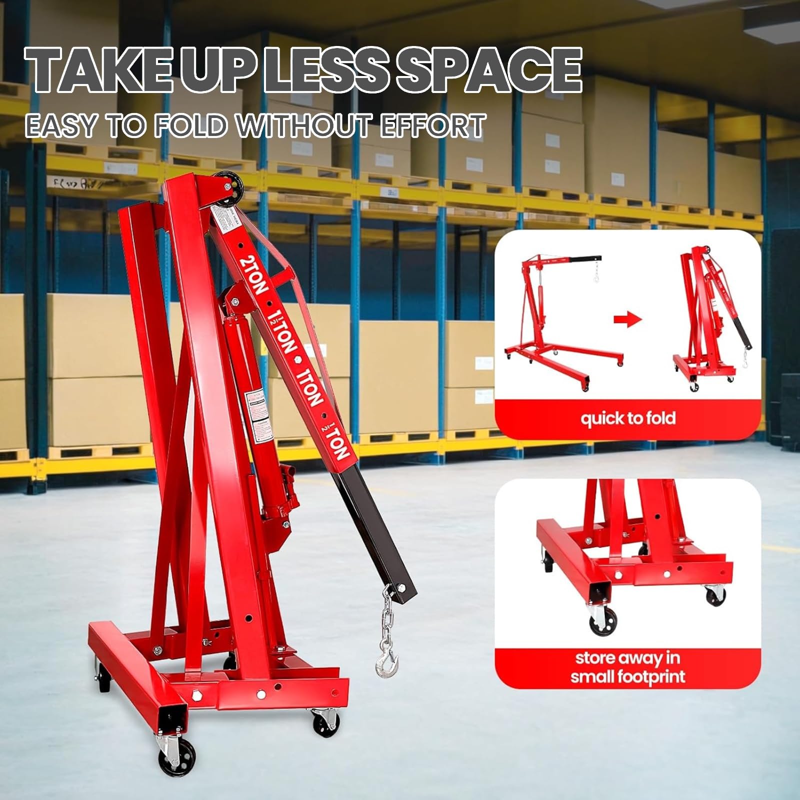 Grúa de motor plegable, polipasto hidráulico de 2 toneladas con brazo telescópico y brazo de carga ajustable, para elevación resistente y uso en taller