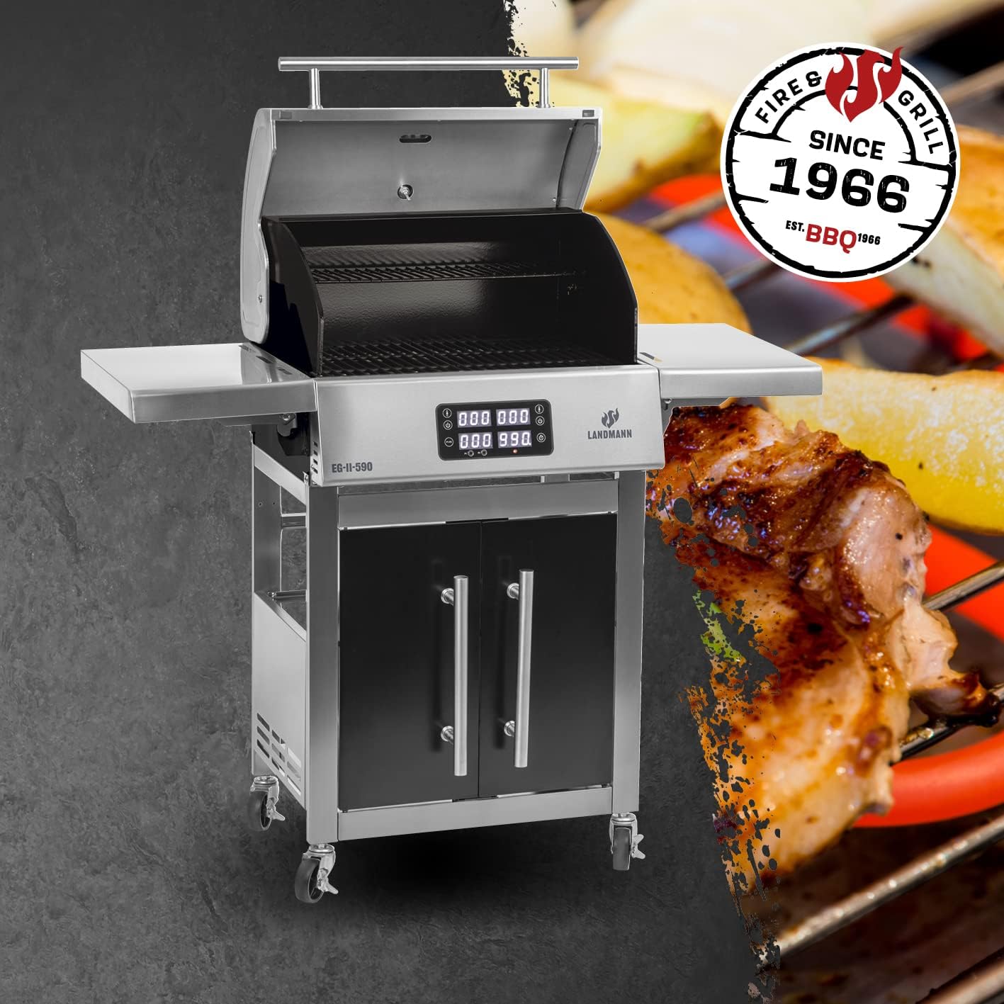 LANDMANN Barbecue elettrico EG-II-590 | Potente barbecue con 2 termometri per carne e coperchio, senza gas e carbone, superficie grill: circa 59 x 40,5 cm | 3200 W [acciaio inossidabile]
