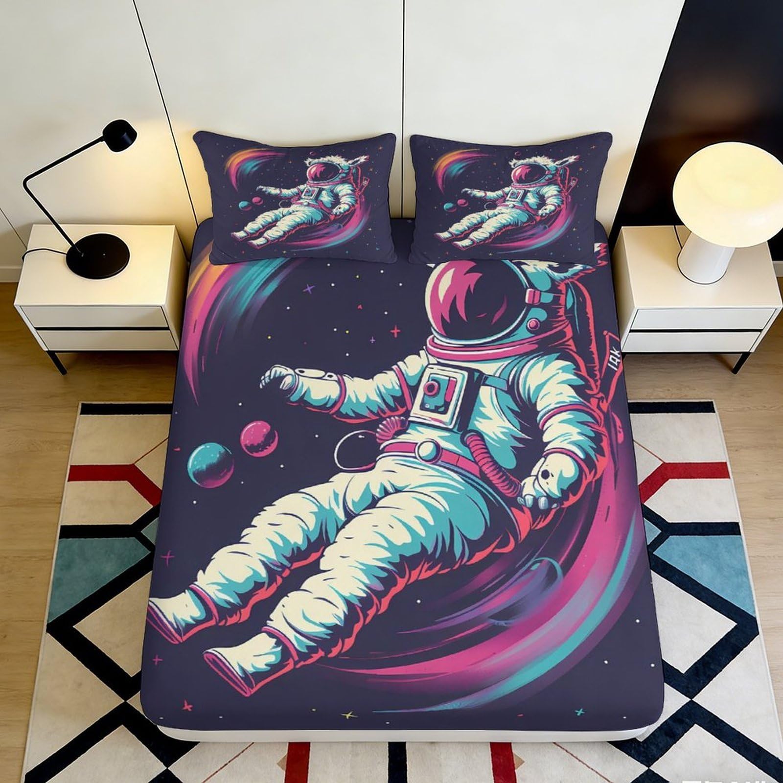 3D Printed Astronaut Space Fitted Sheet Microfiber Soft Breathable Cosmic Nebula Bed Cover for Bedroom Dorm Mattress Protection Decor 90x200x25cm