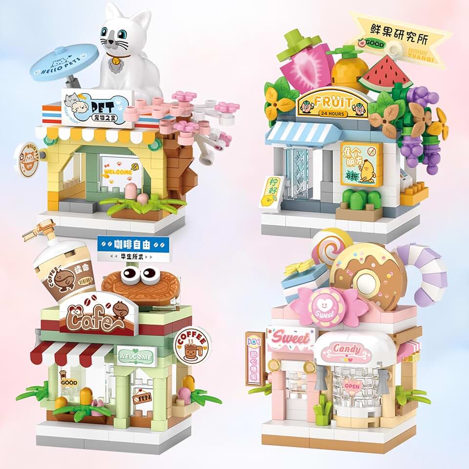 MEIEST 4 PCS Mini City Shop Street View Building Blocks Set,Simulation Architecture Collection Particle Construction Building Bricks Toy,Home Decor