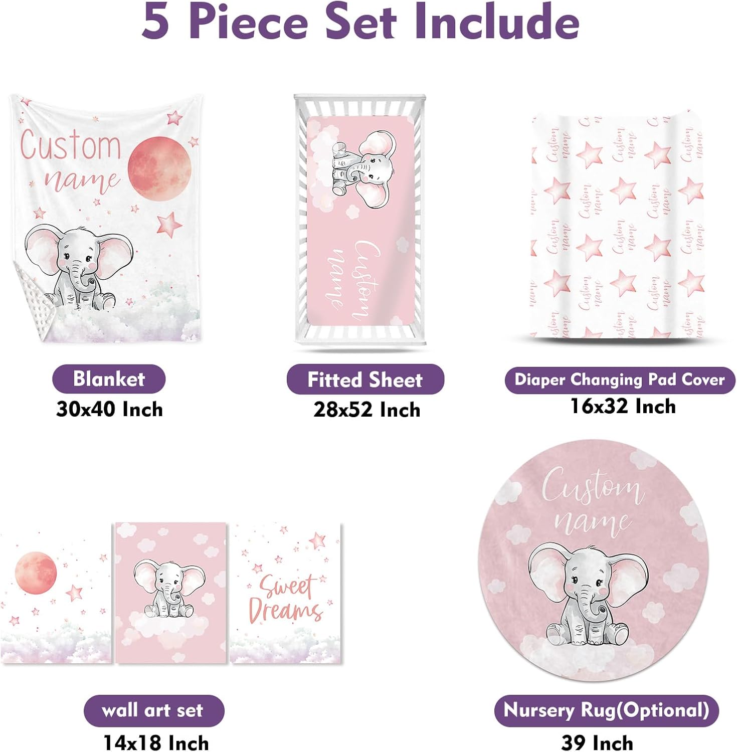TOOTANN Custom Baby Crib Bedding Set, 5 Pcs Personalized Name Baby Crib Sheets for Kid Toddler Infant, Pink Background Little Elephant Nursery Bedding Set