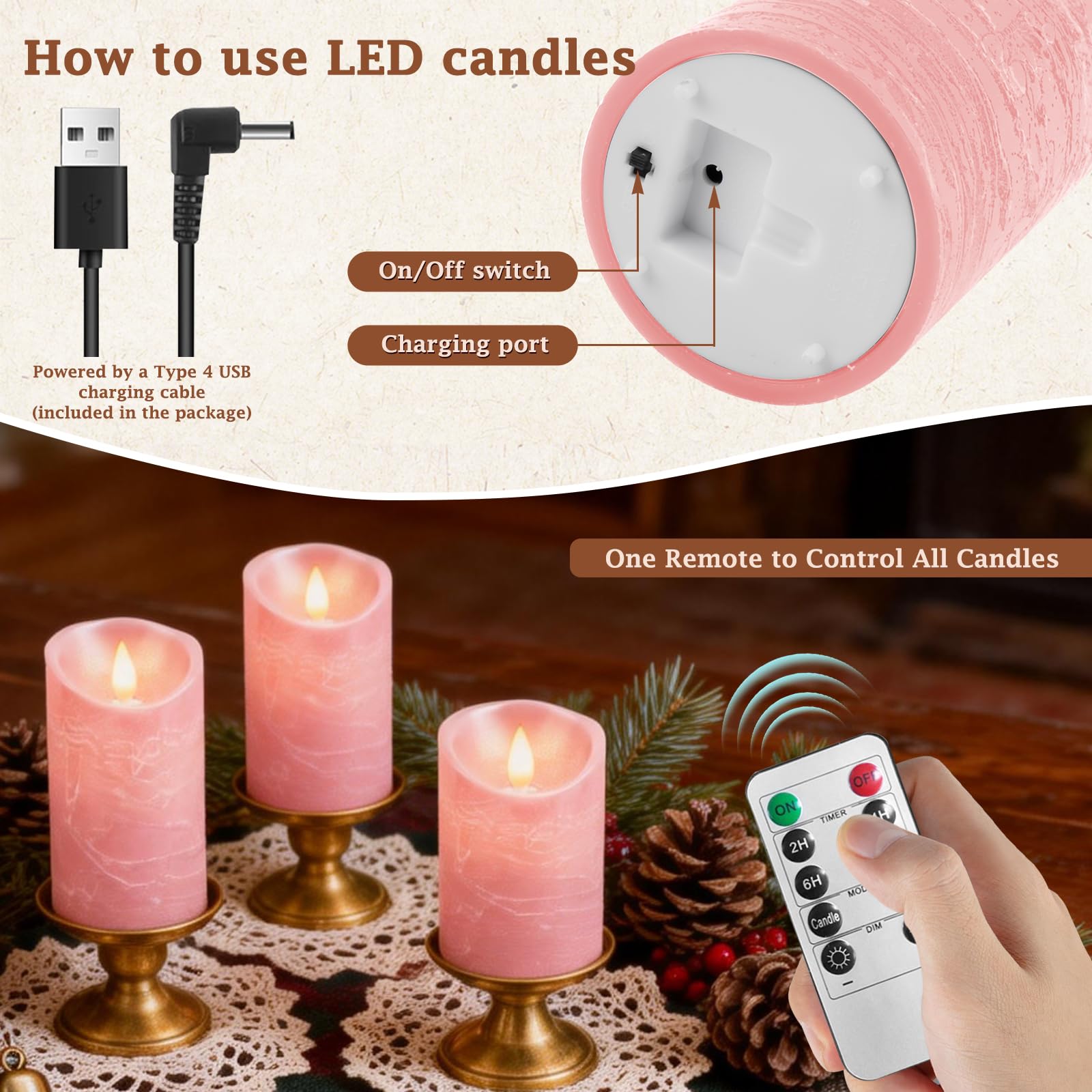 3er Set LED Kerzen Mit Timer – Echtwachs, Flackernd, Wiederaufladbar – 10/12,5/15 Cm, Rosa – Mit Fernbedienung & USB