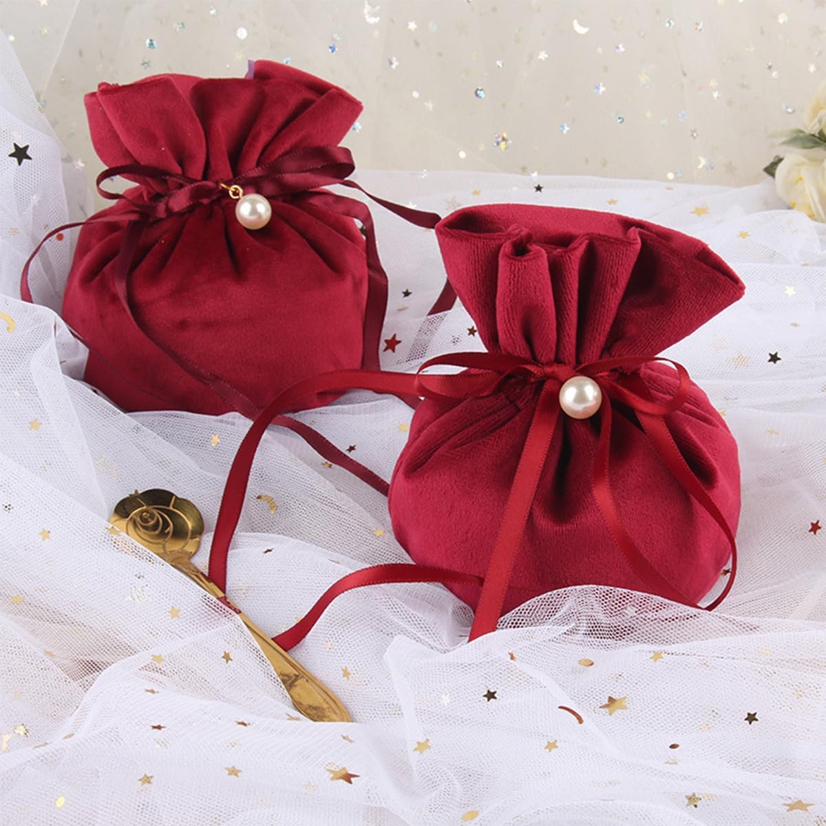20 Pcs Round Bottom Drawstring Velvet Gift Bags Jewelry Pouches with Pearl Bead,for Wedding Favors,Christmas,Party Favors,Birthday,Red wine - Image 4