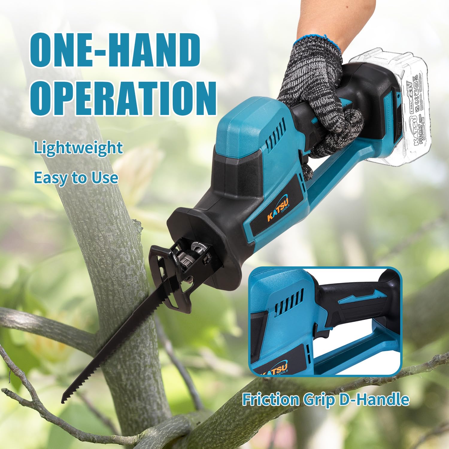 KATSU FIT-BAT - Sierra alternante inalámbrica profesional sin escobillas de 21 V, carrera de corte de 18 mm, cambio de hoja sin herramientas, mango en D, 4 cuchillas de presupuesto incluidas, sin
