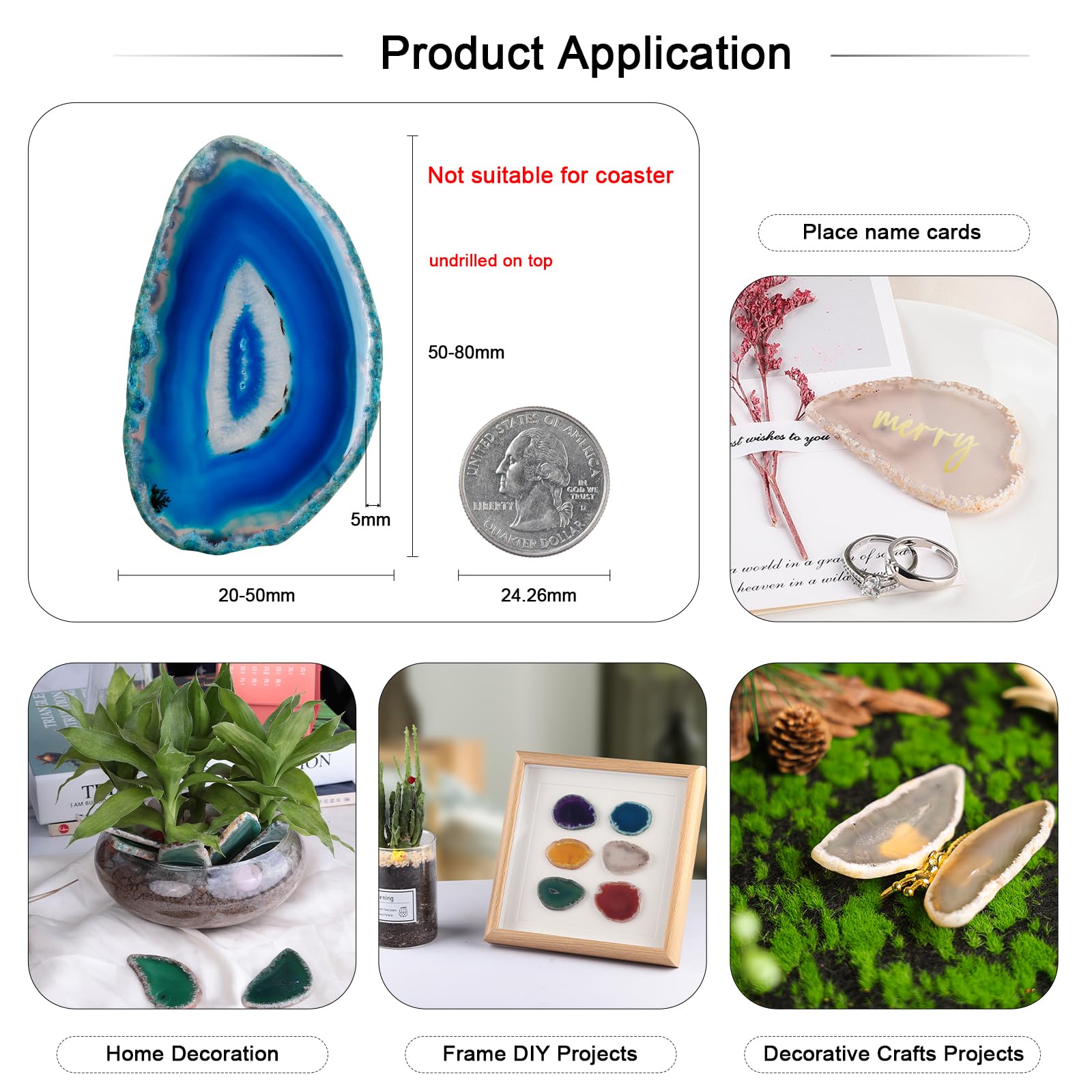 mookaitedecor 12 Stück Natürliche Geode Achat Scheiben, unregelmäßige poliert Achat Edelsteine Namen Karten für Hochzeit