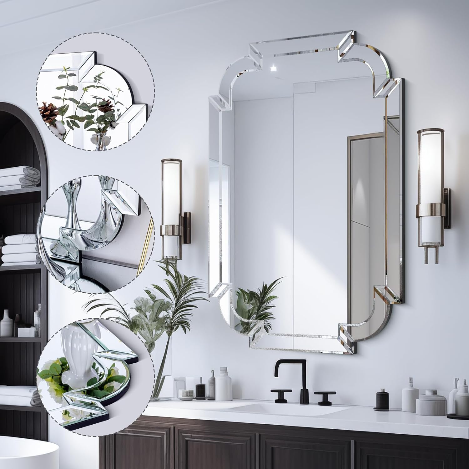 Chende 36''x24'' Bathroom Mirror with Beveled Glass, Elegant Decorative Mirror for Wall Decor, Modern Accent Mirror with Scalloped Frame for Living Room, Dining Room, Entryway, Fireplace, Bedroom